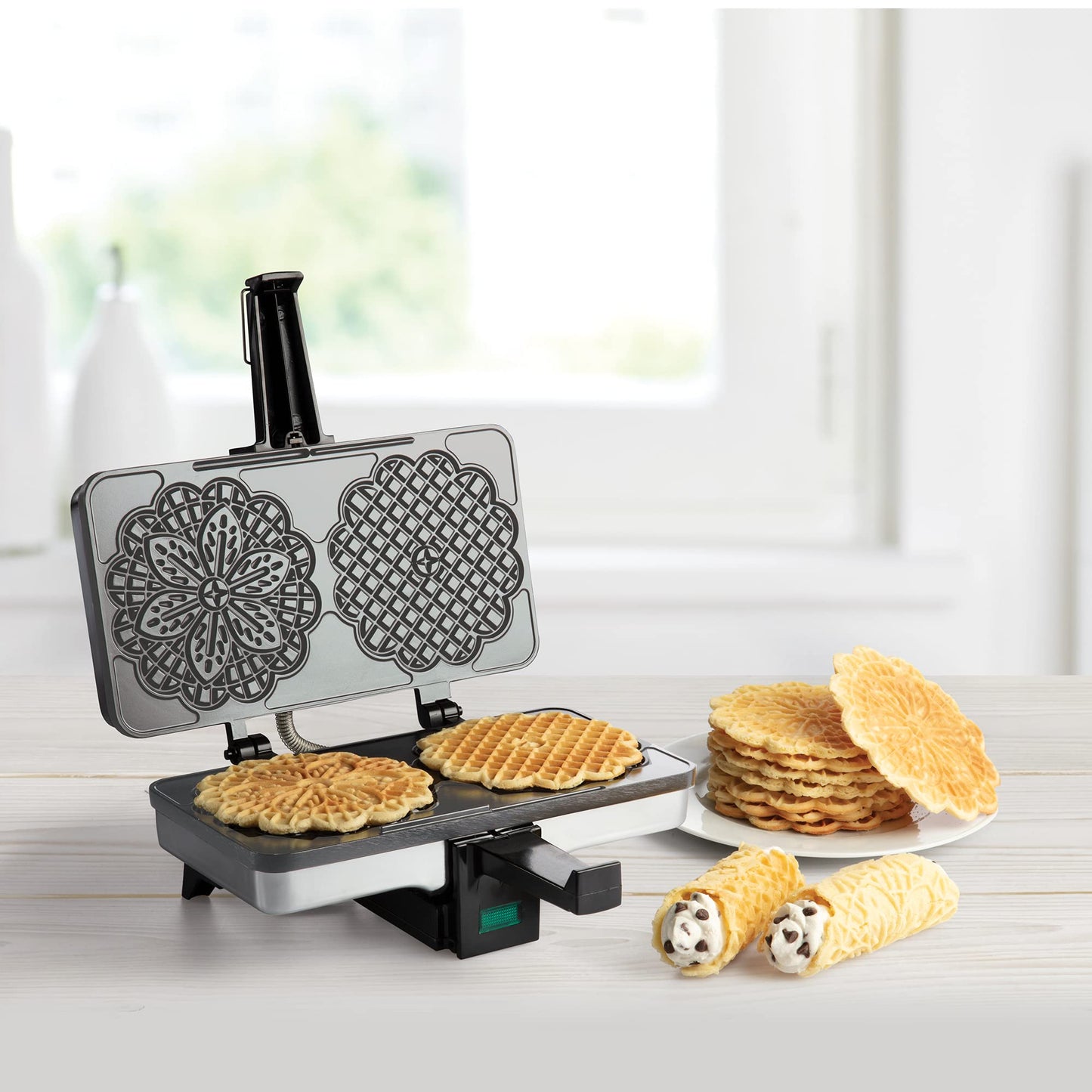 Pizzelle Maker- Non-Stick Electric Baker Press Makes Two 5-Inch Cookies at Once, Even Heating Plates- Must Have Party Baking Supplies- Italian Dessert Treat Making with Recipe Guide- Gift for Her