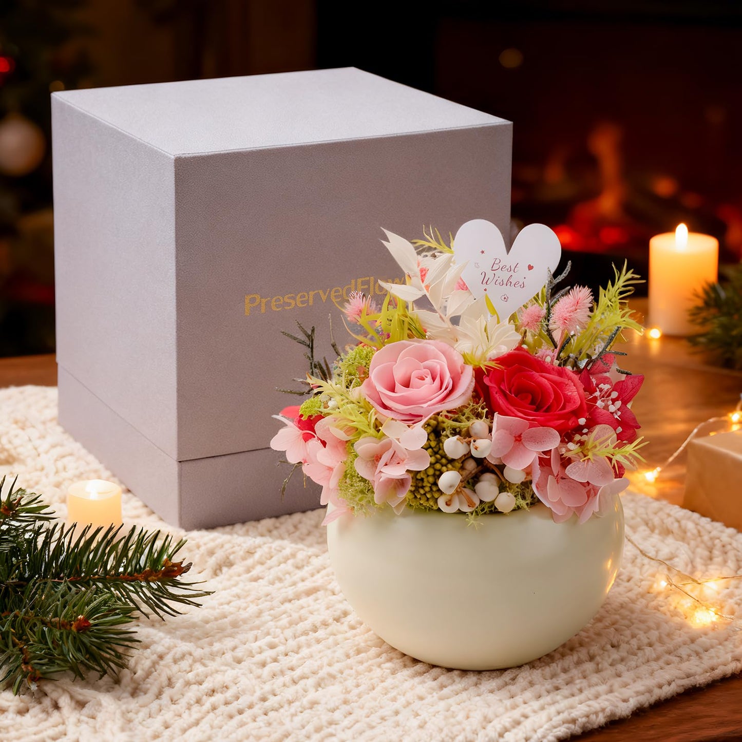 Memorvia Preserved Flower with Vase for Delivery Prime, Natural Forever Rose (Pink Eternal Floral Arrangement)