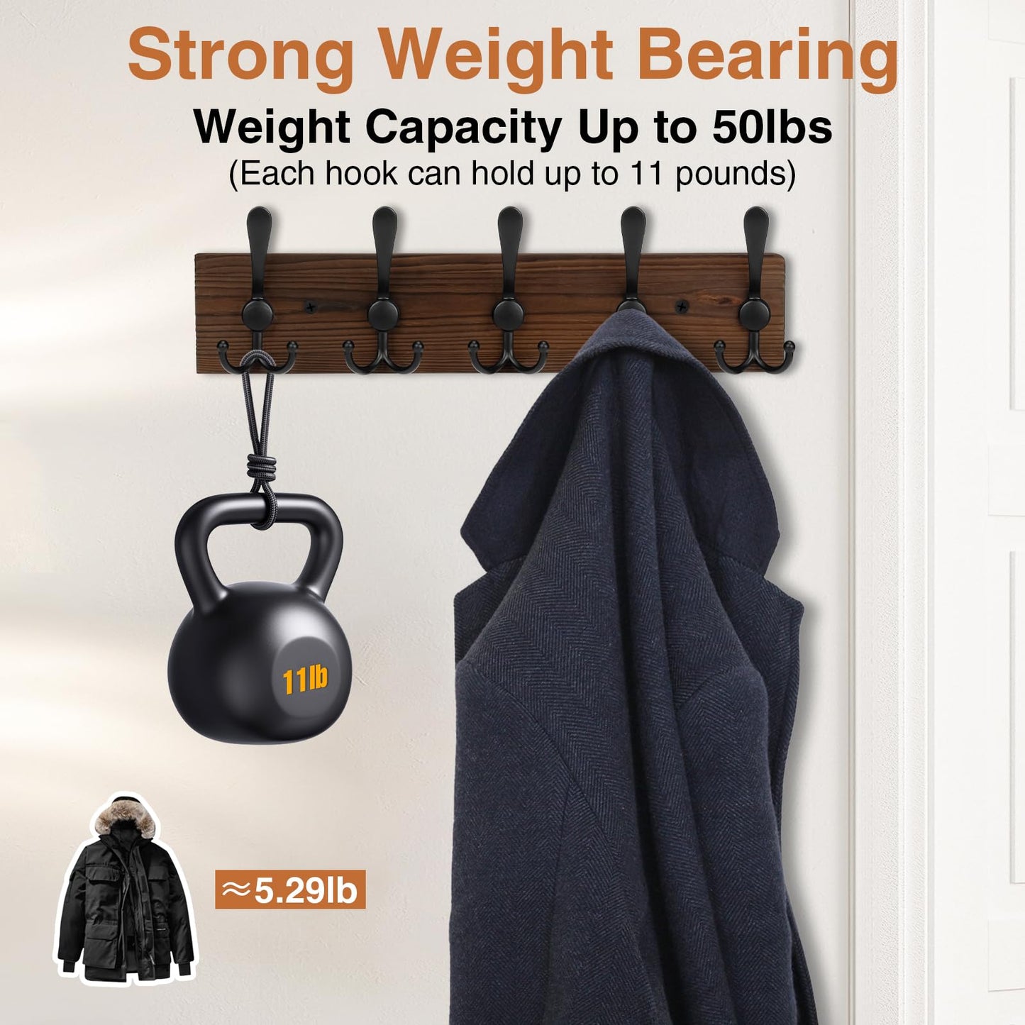 Wooden Coat Rack Wall Mount Heavy Duty, 2 Pack Coat Hanger Wall Mount with 5 Triple Hooks for Clothes, Jacket, Hat, Keys, Space Saving Entryway Organizer for Mudroom (‎Brown Plate & Black Hooks)