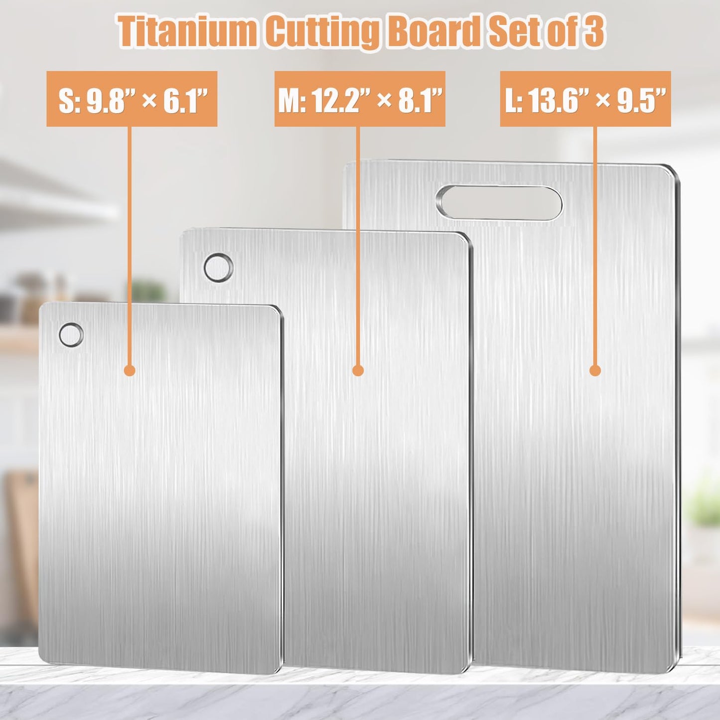 Titanium Cutting Board Set of 3, 100% Pure Titanium Cutting Boards for Kitchen, Non-Toxic Double Sided Food-Grade Chopping Board for Slicing and Dicing Meats, Dishwasher Safe (S+M+L)