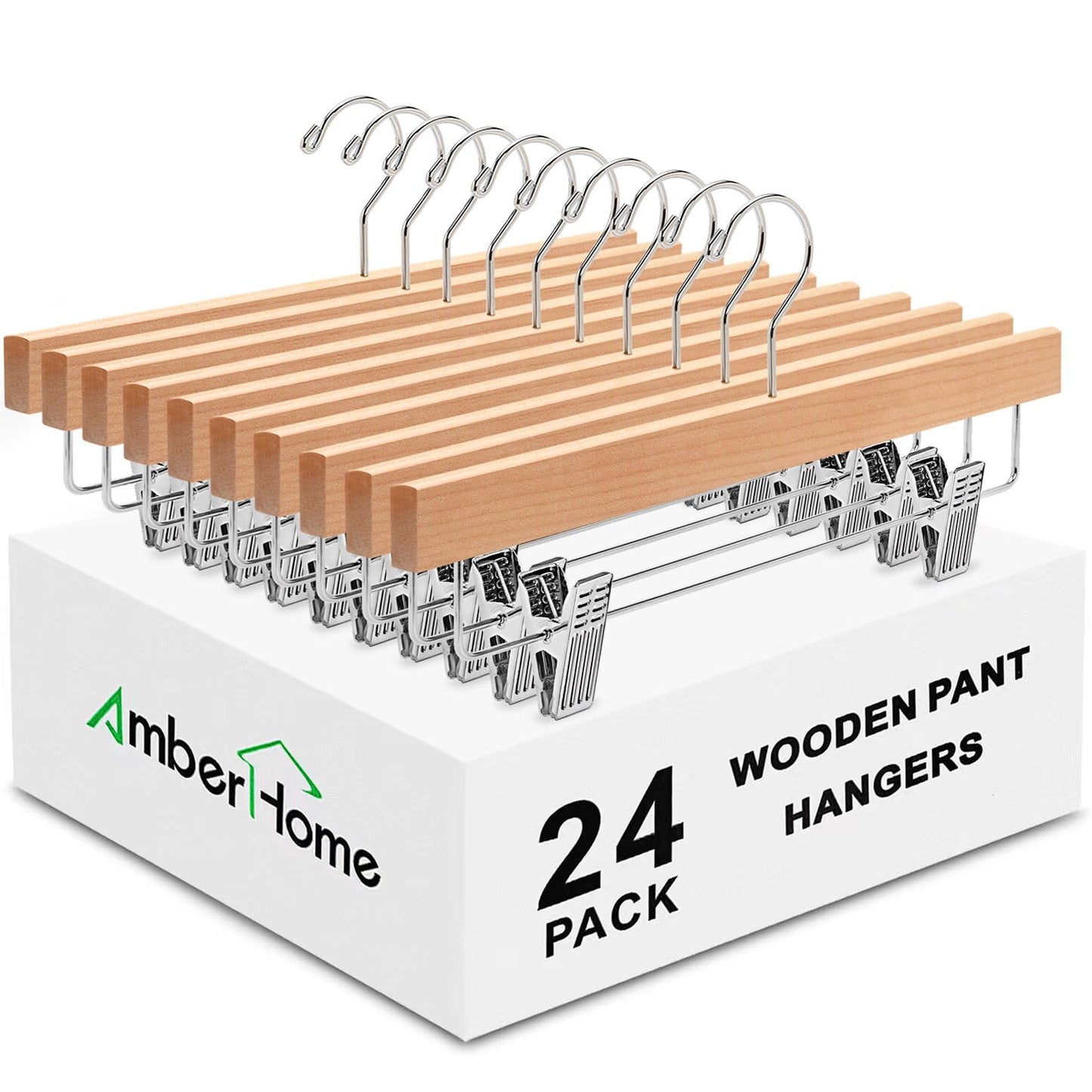 Amber Home 24 Pack Wooden Pants Hangers with Clips, 14" Natural Wood Skirt & Trouser Hangers, Closet Hangers for Jeans, Slacks, Shorts, with 2-Adjustable Clips (Natural, 24)