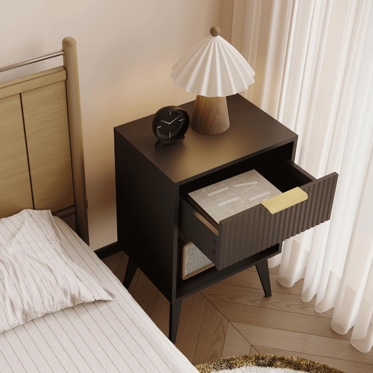 YAUKOMEL Fluted Night Stand with Opening Storage,Mid Century Bedside Table with Drawer,Black Nightstand with Wood Legs,End Table Side Table for Living Room,Bedroom,11.8" Dx15.7 Wx 25.2" H CTG56BK