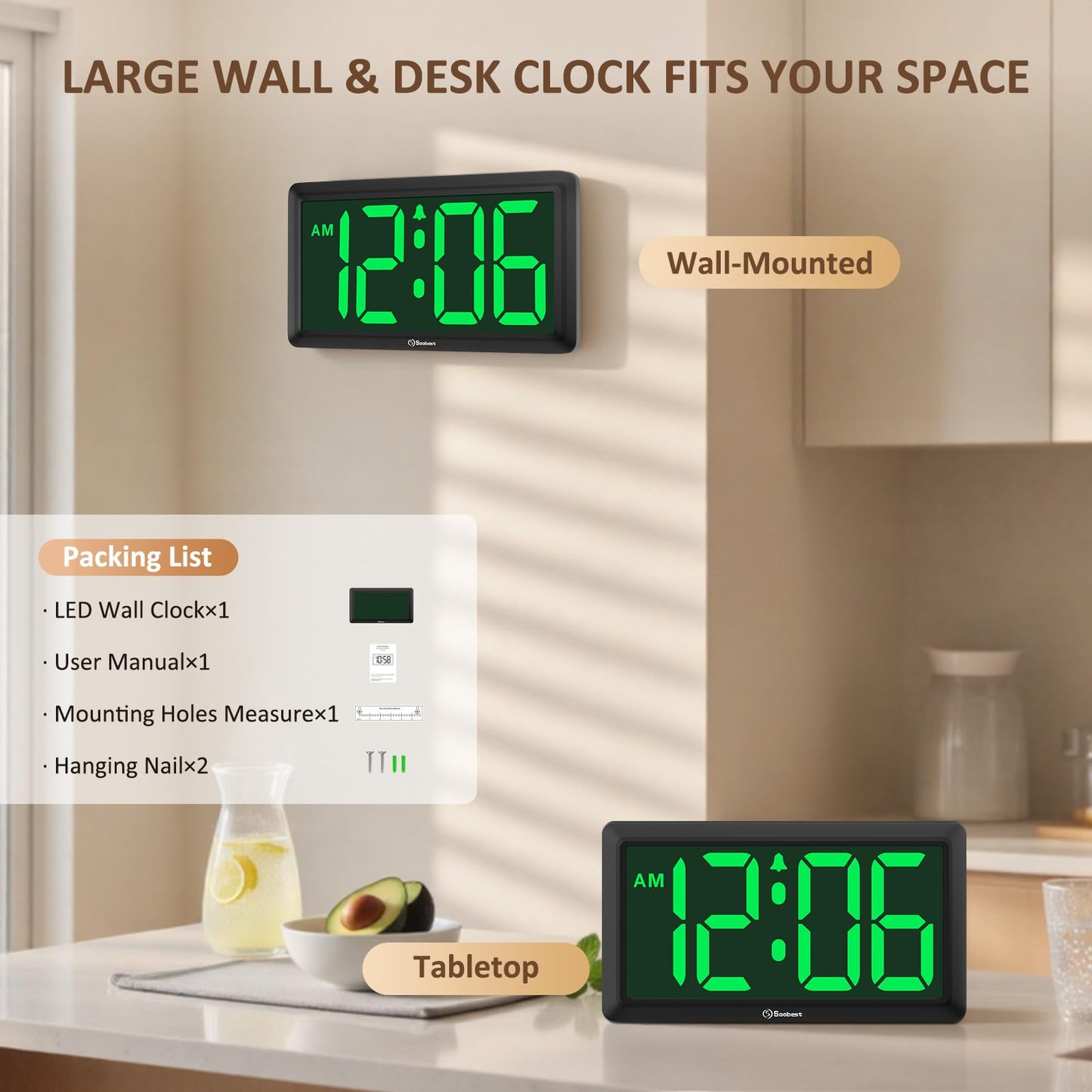 Soobest 9.5 Inch Large Digital Wall Clock Battery Operated, Auto & Manual Dimmer Display, Easy to Read Big Digits with Alarm for Seniors, Modern Decor for Living Room, Bedroom, Office (3.2" Numbers)