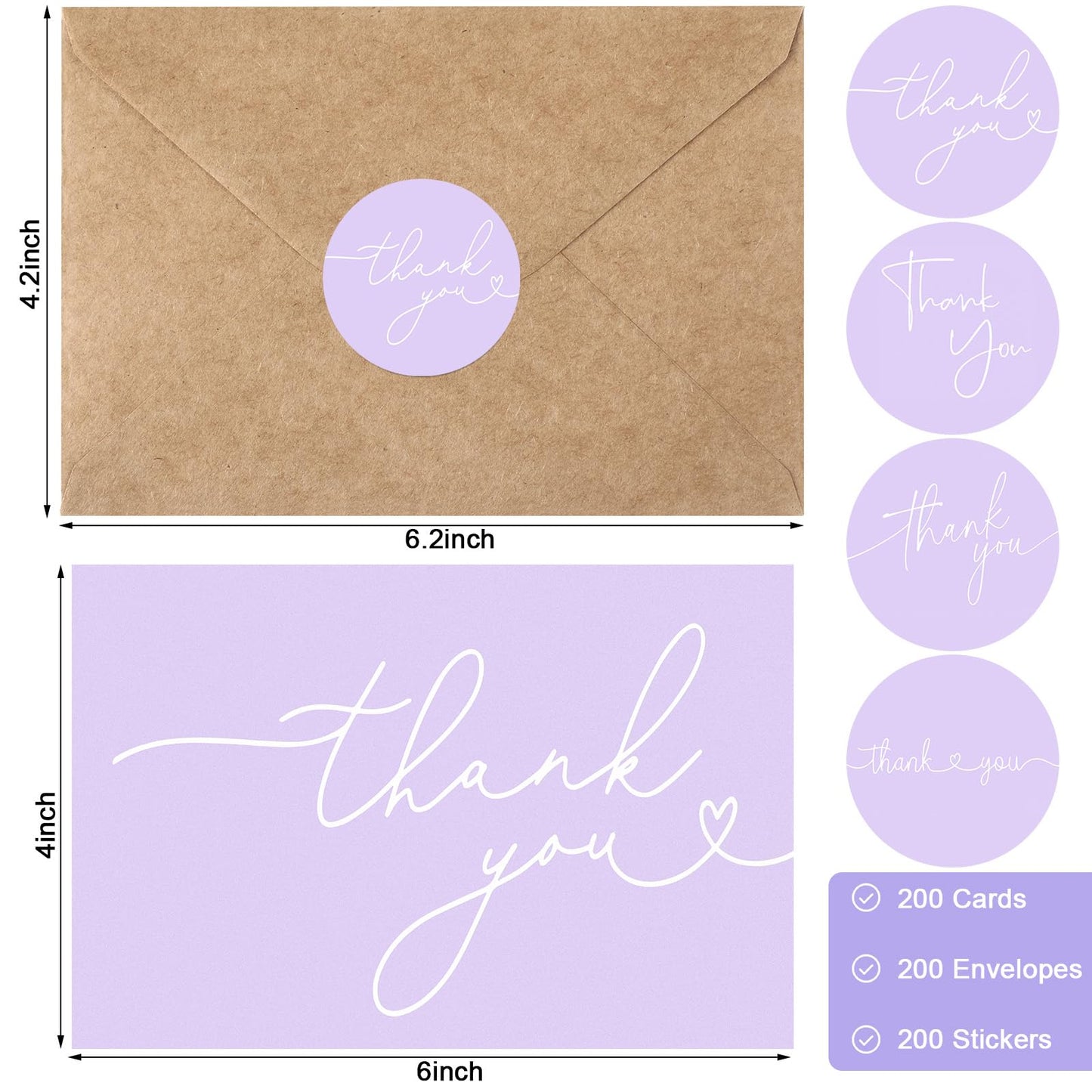 Teling 200 Set Thank You Cards with Envelopes Bulk, 6 x 4 Inch Blank Thank U Greeting Notes with Brown Kraft Envelopes Stickers Thankyou Card Set for Graduation Wedding Birthday Baby Shower(Purple)
