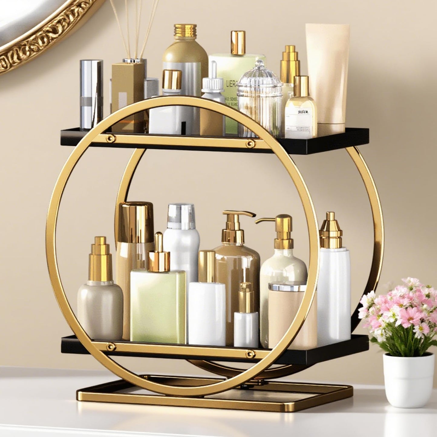YIWANFW Makeup Organizer for Vanity, Black Gold Perfume Organizer for Dresser, 2-Tier Bathroom Countertop Organizers, Bathroom Counter Shelf Skincare Holder Perfume Tray Cosmetic Display
