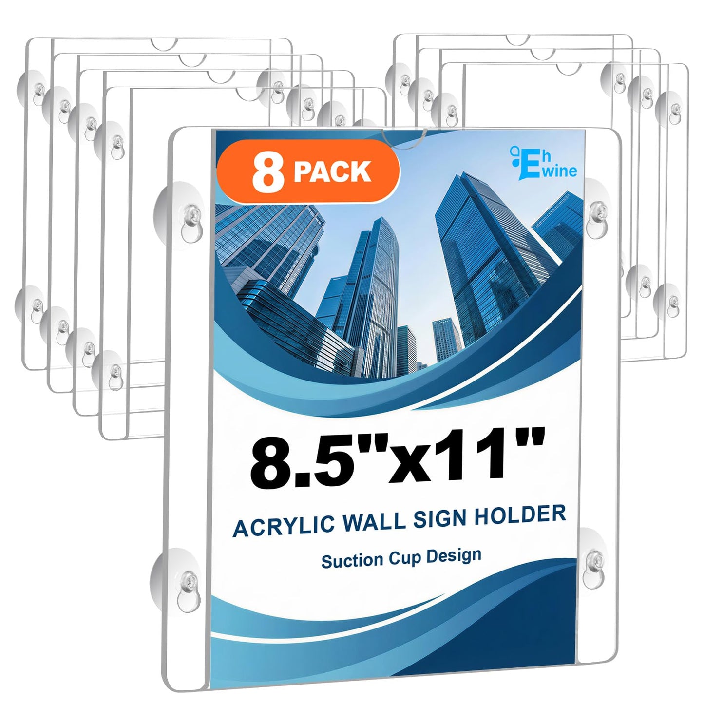 EHWINE 8 Pack Acrylic Window Sign Holder 8.5×11 with 4 Suction Cups, Clear Acrylic Frames Glass Door Wall Mount Advertising Signage Sign Holder for Store, School, Office, Home