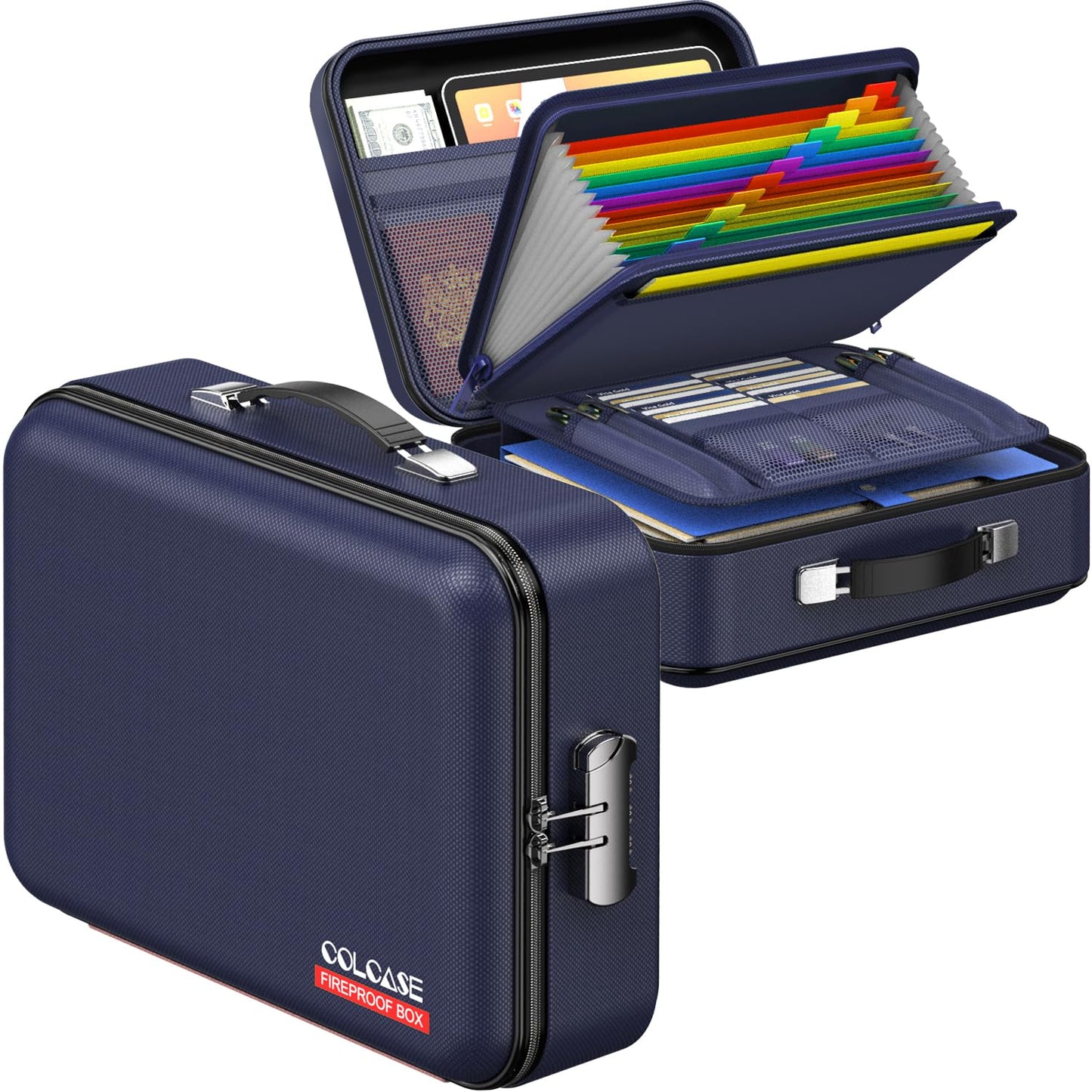 COLCASE Fireproof File Box, Hard Case Fireproof Document Organizer with Lock Hard-Shell Design Fireproof Water Resistant Safe Box for Important Documents Certificates Laptop Passports Blue