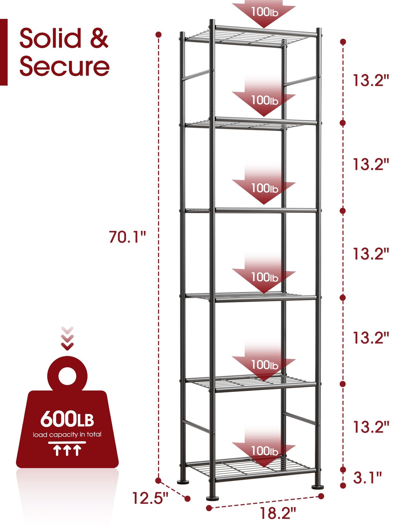 Sakugi 6-Tier Metal Storage Shelves - Slim Shelf Organizer with Reinforced Side Bars, Spacious Storage for Kitchen, Bathroom, and Laundry Room Organization, 18.2" x 12.5" x 70.1", Black