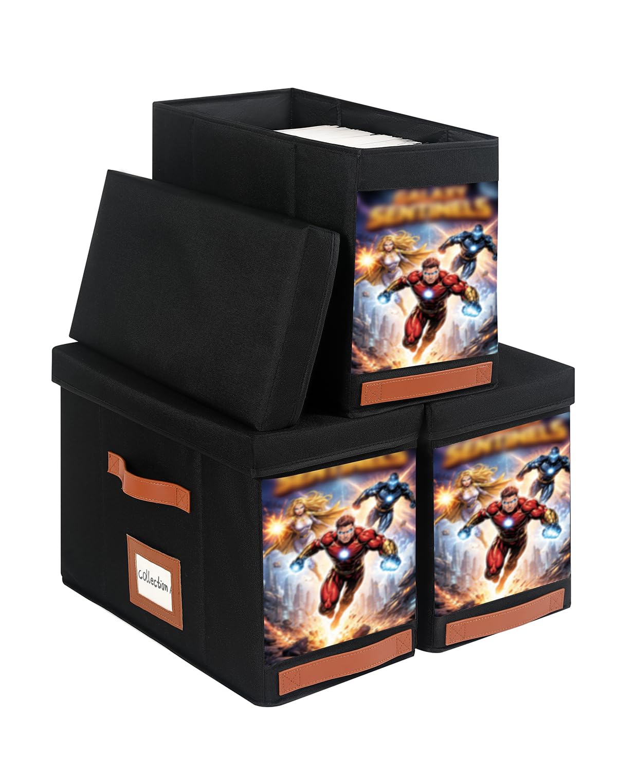 Wanapure Comic Book Storage Box with Display Window, 3-Pack Collapsible Storage Case, Holds 150 Modern & Silver Age Comics Each, Heavy Duty, Stackable & Waterproof, Black