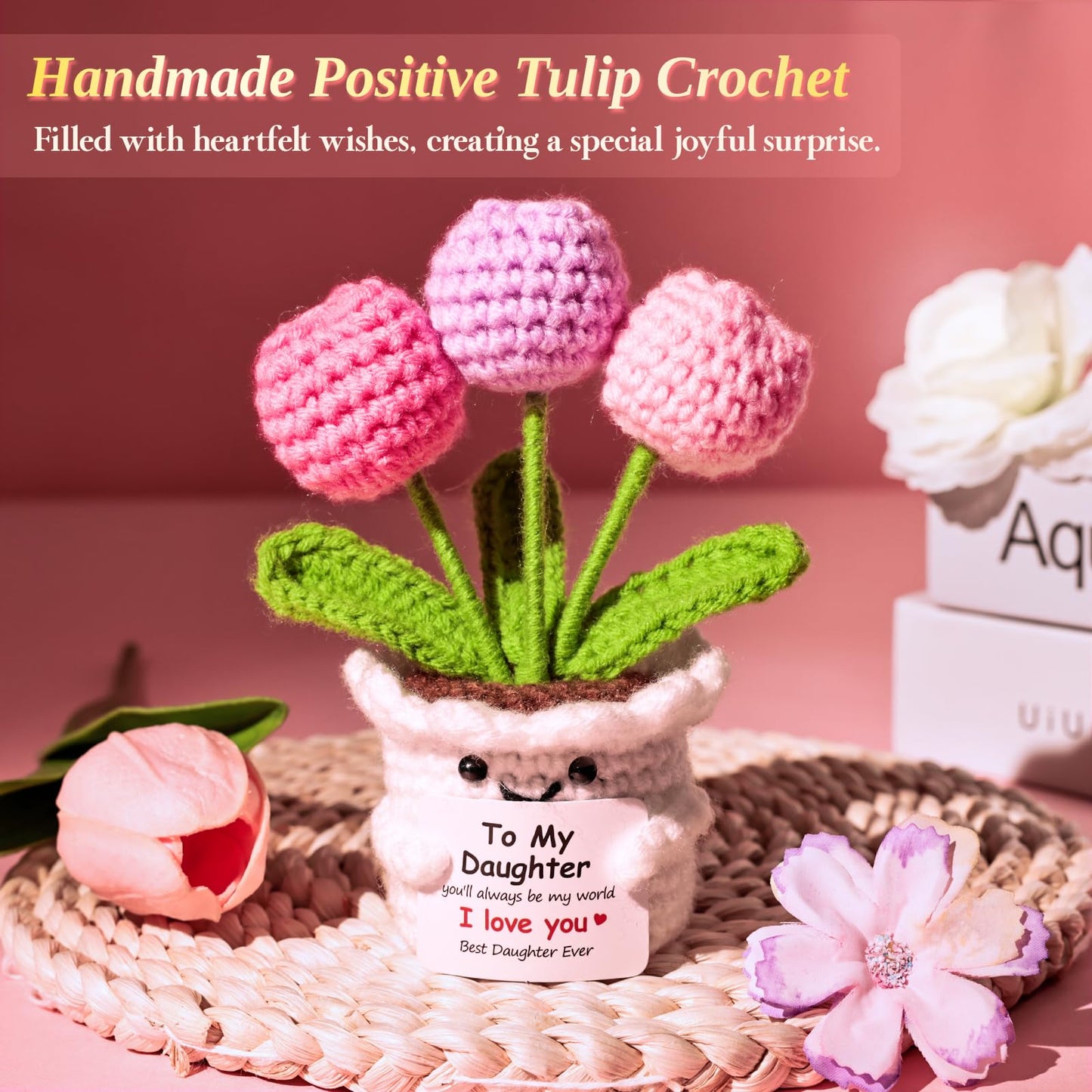 Mother's Day Basket Gifts for Adult Daughter, Best Daughter Ever Gifts,Unique Birthday Basket for Girl from Mom Dad with 50"x 60" Daughter Throw Blanket,Tumbler,Handmade Crochet Flower