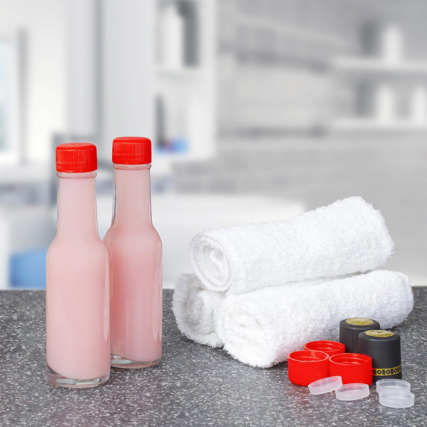 Cornucopia 3oz Mini Hot Sauce Bottles (24-Pack); Little Sauce Bottles w/Red Caps, Dripper Inserts, and Black Shrink Bands