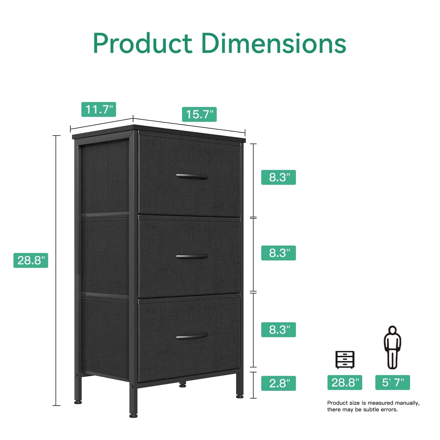 AODK Dresser for Bedroom Nightstand Small Dressers Chest of Drawers End Table for Living Room, Closet Dresser with 3 Storage Drawers Organizer Clothes, Black