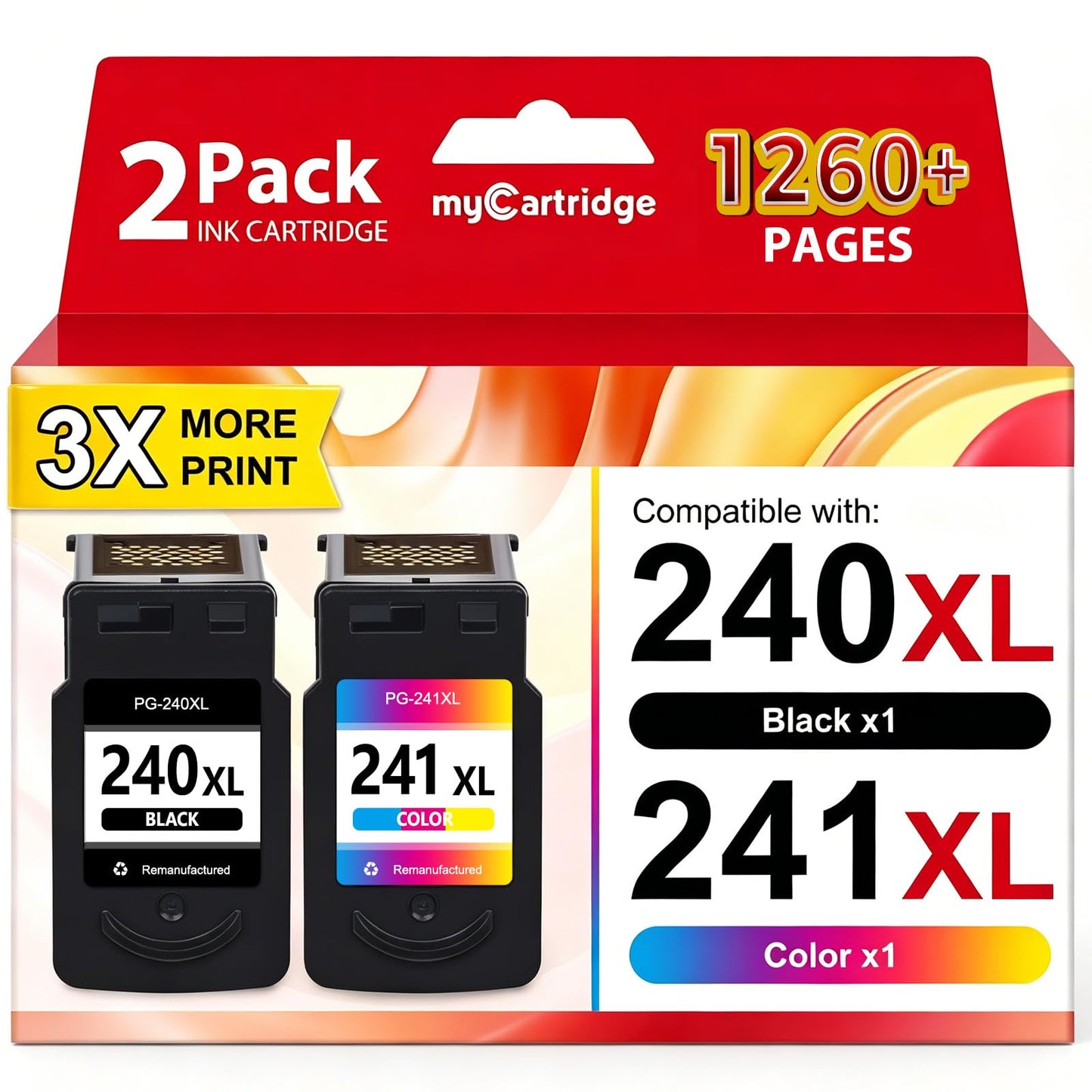 myCartridge PG240XL/CL241XL Combo Pack Remanufactured Replacement for Canon Ink 240 241 Combo Pack Compatible with Canon MG3620 Ink Cartridges for MG3600 TS5120 MG3520 MG2120 MX472 Printer, 2 Pack