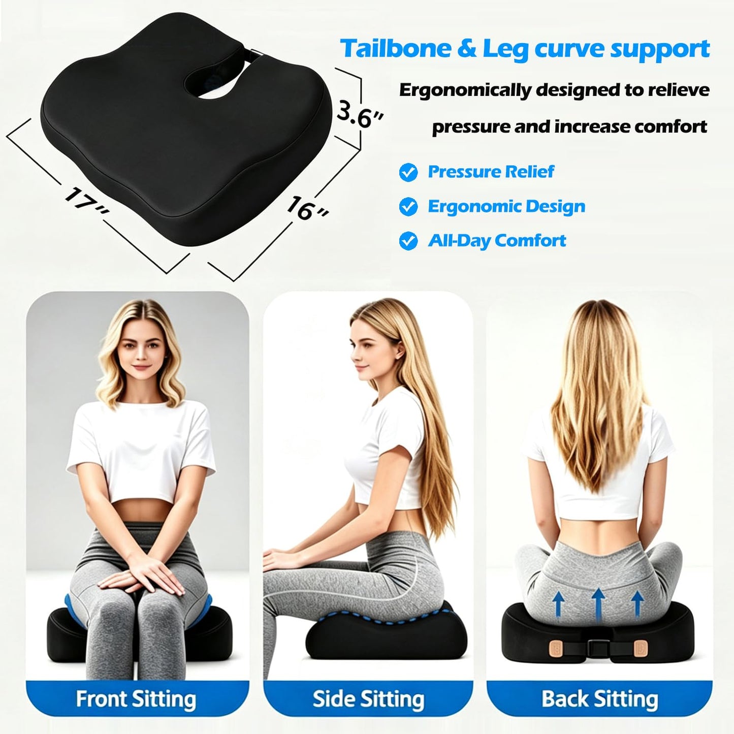 Seat Cushions for Office Chairs, Dense Seat Cushion for Tailbone & Sciatica Pain Relief – Certified, Ergonomic Memory Foam Seat Cushion for Office Chair, Car, Wheelchair, All-Day Comfort (Black)