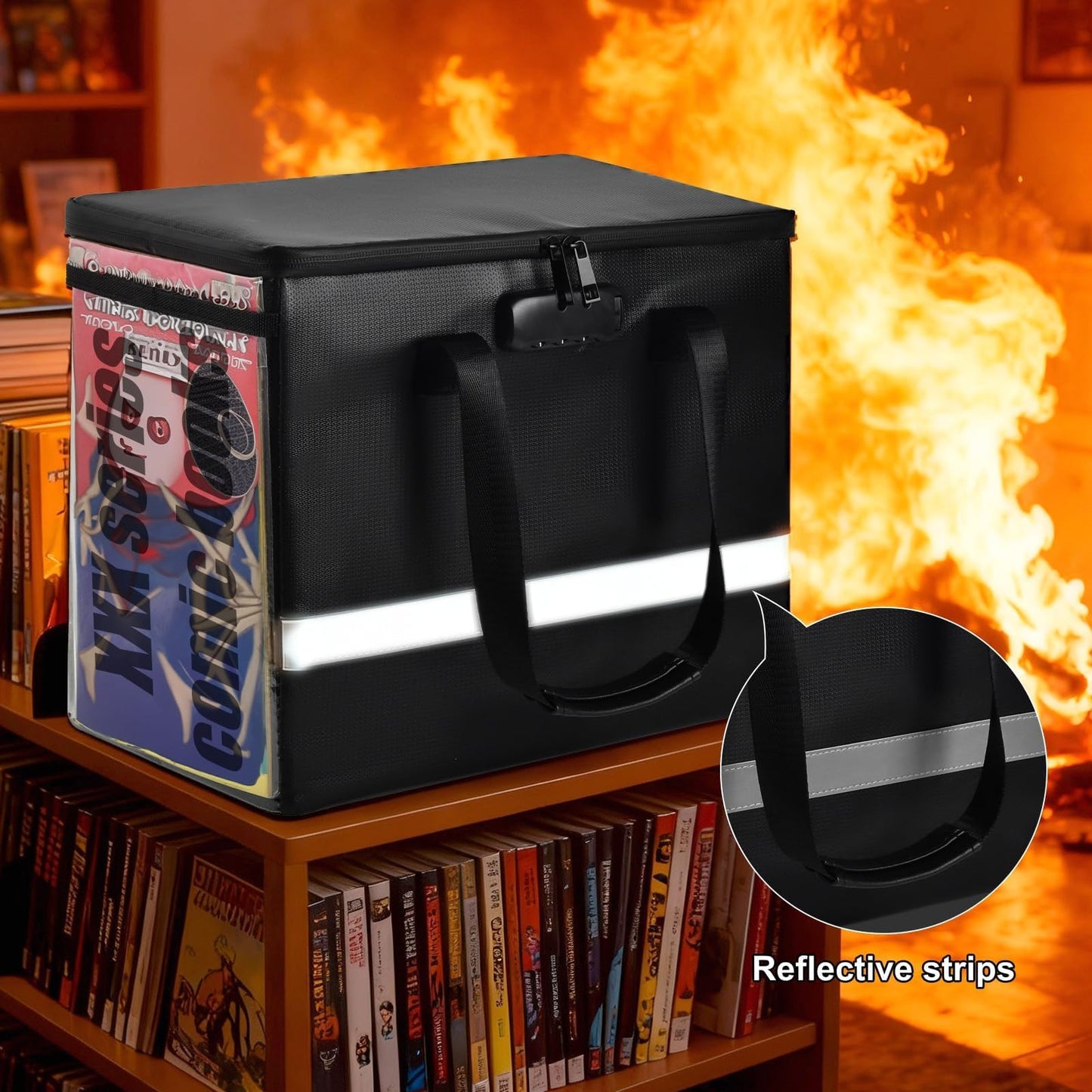Fireproof Comic Book Storage Box - Holds 140+ Comics, Organizer Kit with 50 Protective Bags, Label Stickers and Catalog, Comic Book Bin with Adjustable Divider, Lock & Reflective Strips (Case Only)
