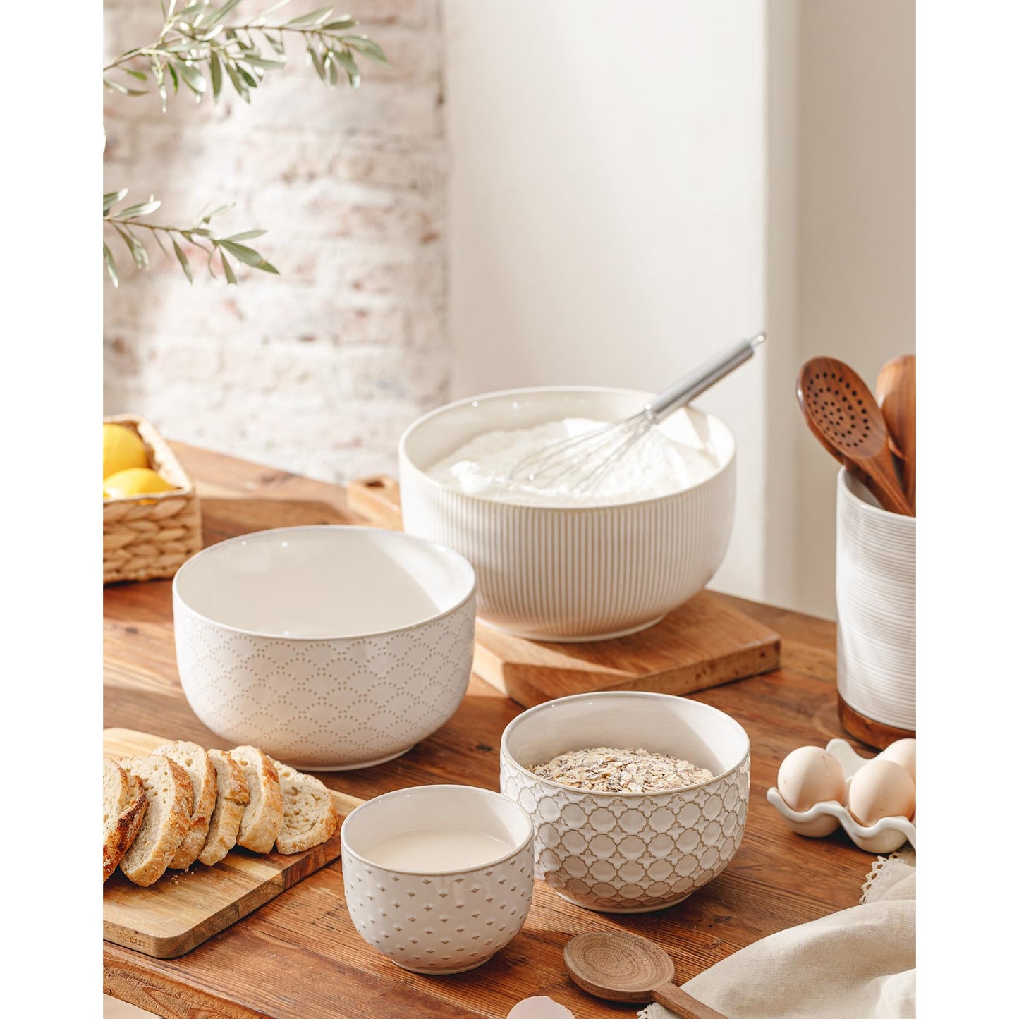 Mikiegy Ceramic Mixing Bowls Set of 4, Nesting Ceramic Embossment Stoneware Mixing Bowls for Cooking, Serving, Popcorn, Salad etc, Microwave & Dishwasher Safe, 20/44/98/145 oz, Off-White