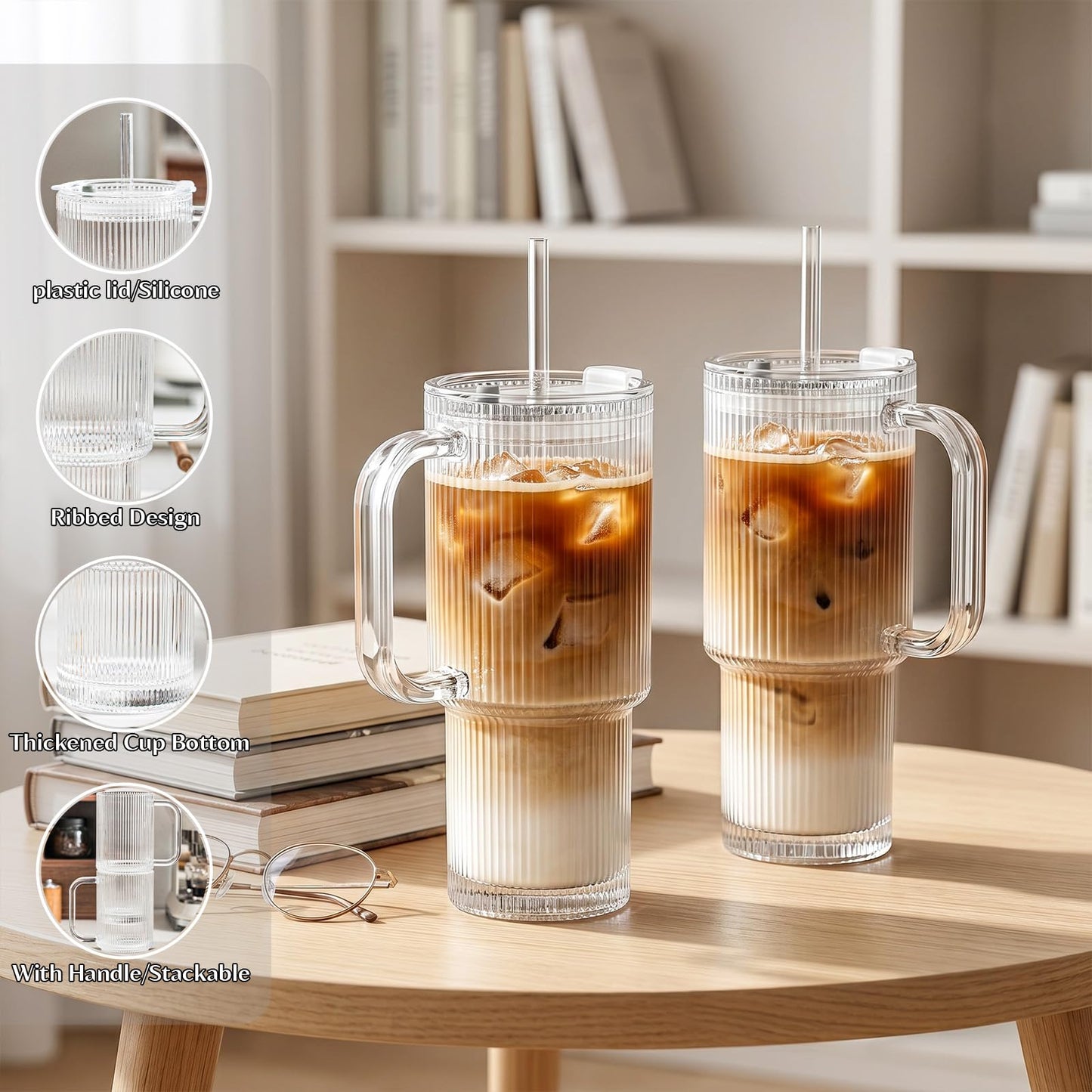 INSETLAN 24oz Ribbed Glass Tumbler with Handle & Lid – 2-Pack Large Iced Coffee Cups with Straws, Modern Glass Mug for Cold & Hot Beverages, Aesthetic Travel Cup for Smoothies, Tea, and Juice