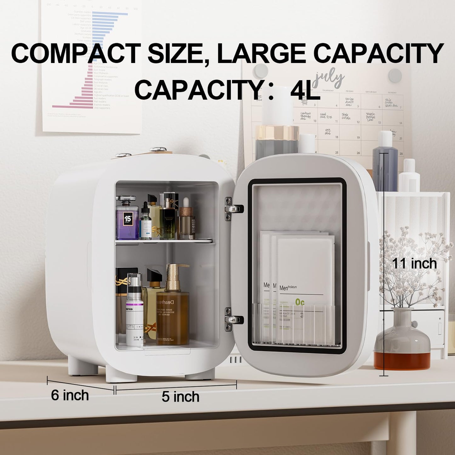 LIGIANT Skincare Fridge, Mini Fridge With 3-Level Dimmable LED Light Mirror, Low Noise Refrigerator, 4L Large Capacity, Cooler & Warmer, Portable Design for Multiple Uses - Bedroom, Office, and Travel