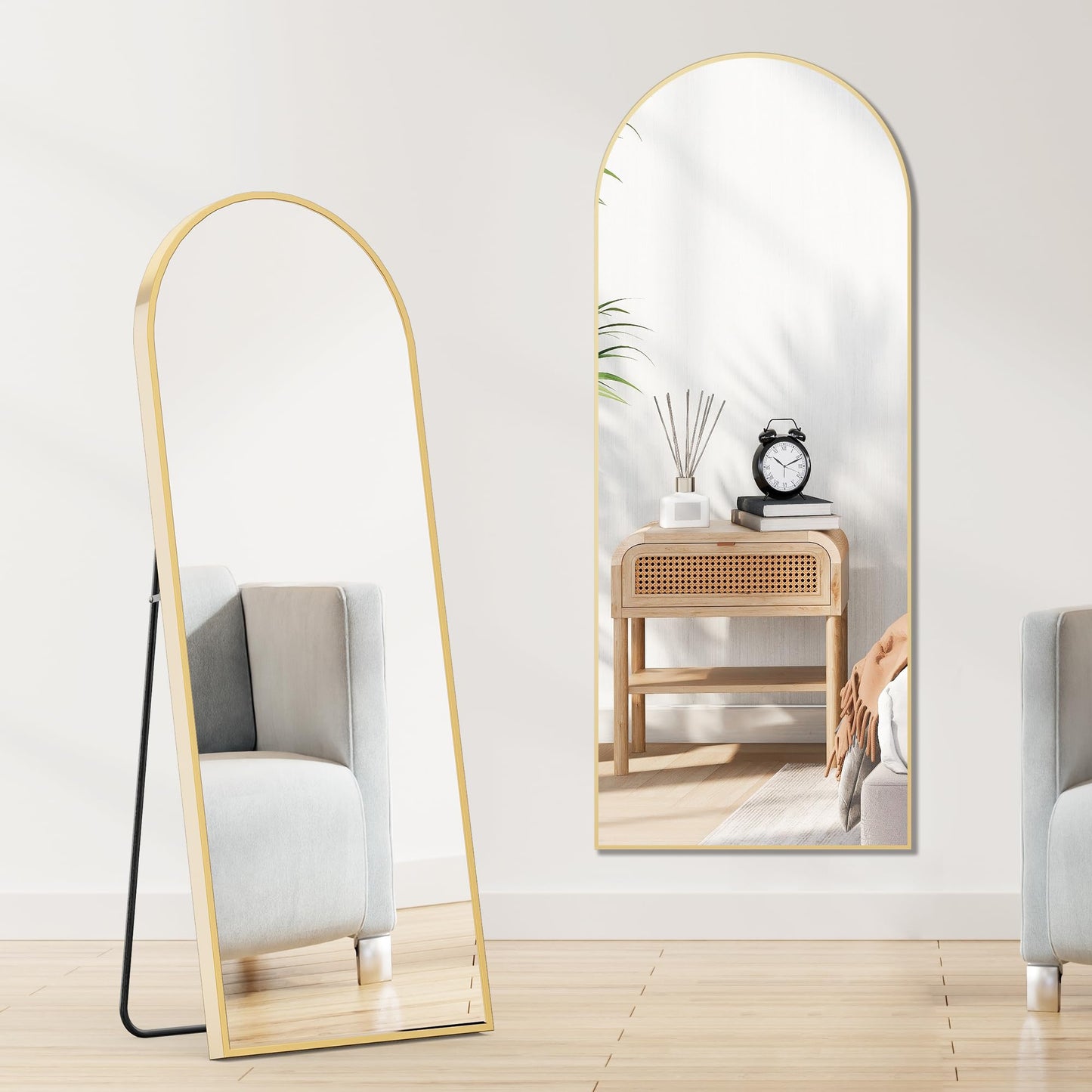 Sweetcrispy 64"x21" Arched Full Length Mirror, Leaning or Standing Full Body Mirror with Aluminum Alloy Thin Frame, Suitable for Bedroom or Cloakroom,Gold