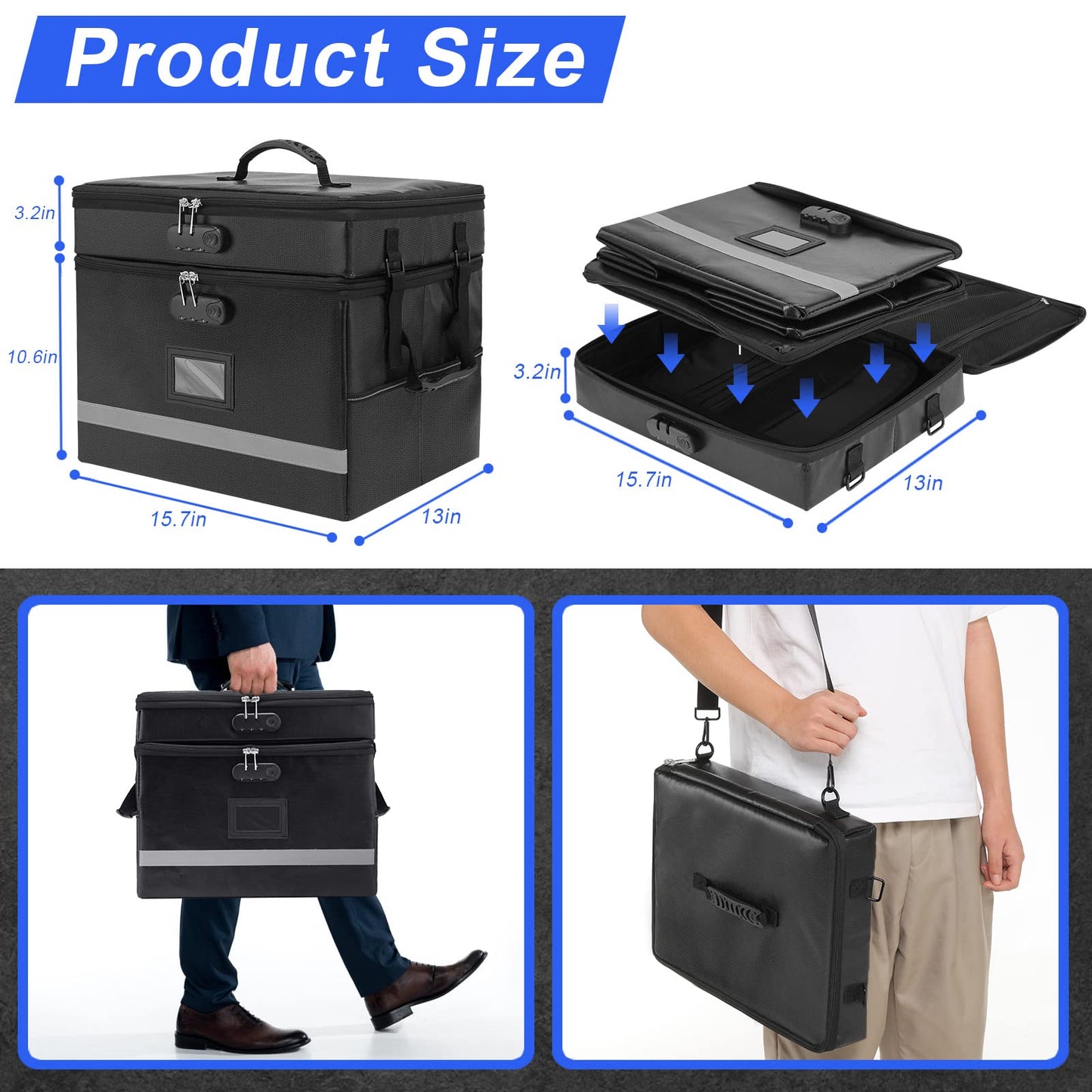 EXLIFBAG 2 Layer File Box with Lock, Portable Document Organizer Box with Handle, Fireproof File Box for Home Office, Legal File Organizer Storage