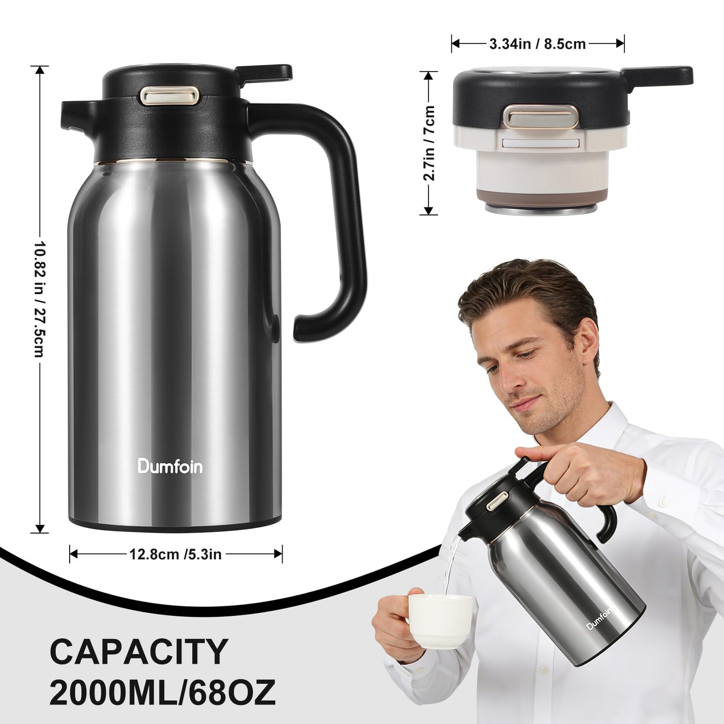 68 Oz Thermal Coffee Carafe, Stainless Steel Insulated Vacuum Coffee Carafes For Keeping Hot Liquid Thermal Pot Creamer Pitcher Dispenser(Silver/Silver)