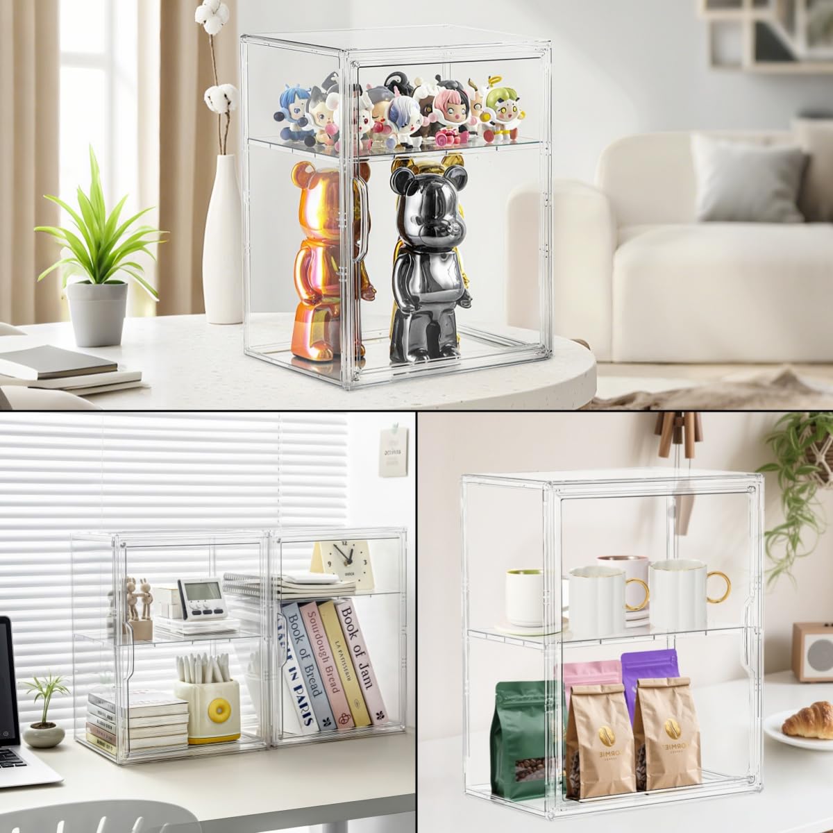 Attelite Acrylic Display Case for Collectibles, Clear Storage Bin with 3 Adjustable Layers, Stackable Storage Box with Magnetic Door for Figures, Home Office,Large,2 Tier Clear Storage Bin,2Pack