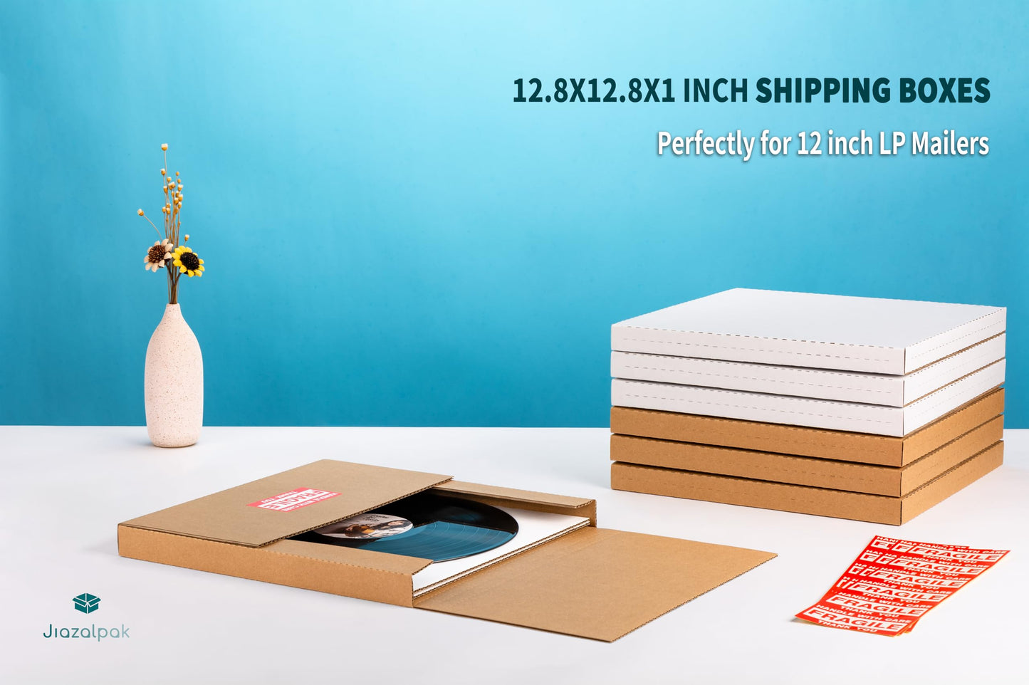 Jiazalpak 12-inch Vinyl Record Shipping Boxes, 12.8x12.8x1 inch, Easy-Fold, Multi-Depth LP Mailers with Fragile Stickers, Brown, 15 Pack