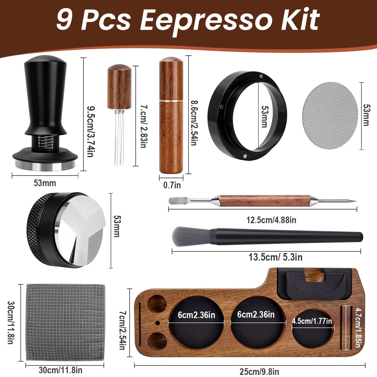 CEILUPY 9 Pack Espresso Tamper Station&Coffee Distributor Tamper&Espresso WDT Stirrer&Coffee Tamping&Brush&Coffee Dosing Funnel&Espresso Puck Screen, Latte Art pen and Towel (54 mm)