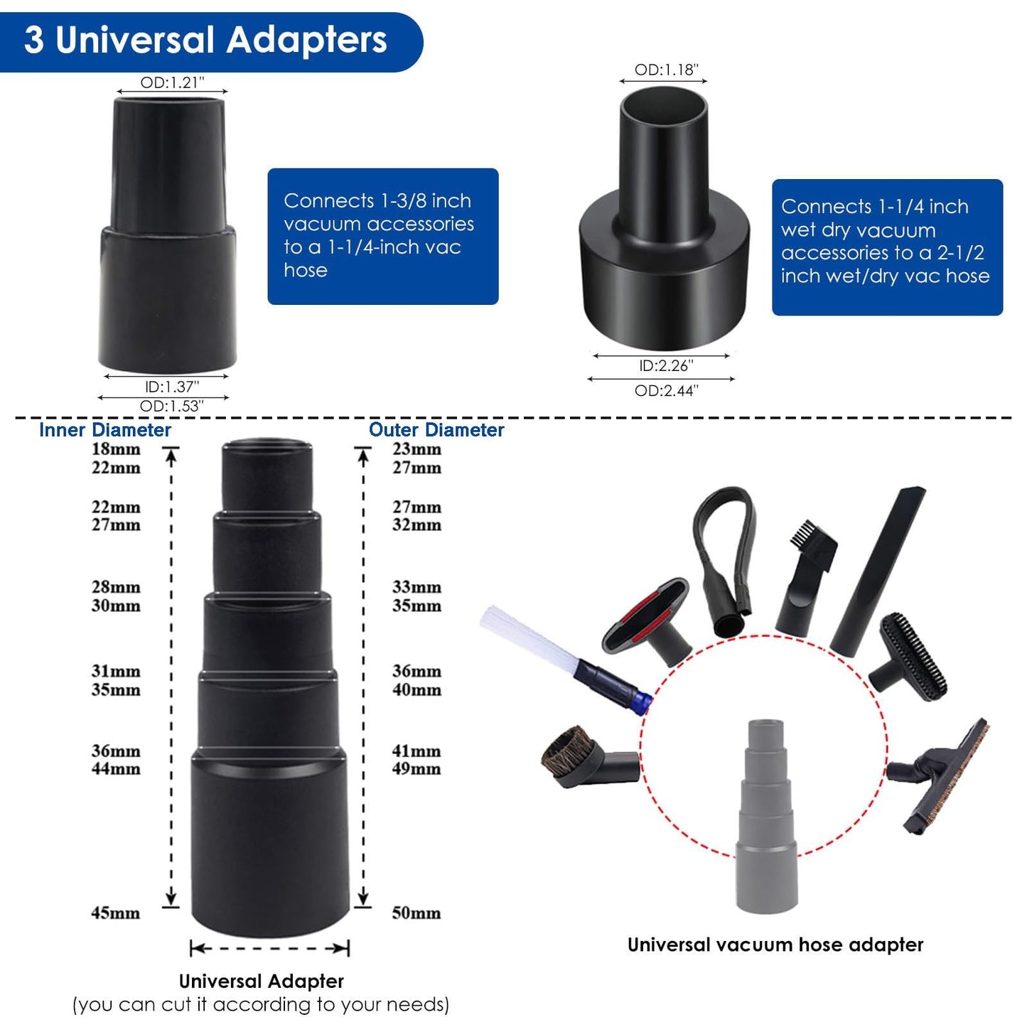 14 PCS Universal Vacuum Attachments & Brushes Kit for Shop Vac Accessories & Household Cleaning, Includes 2 1/2" to 1 1/4" and 1 7/8" to 1" Vacuum Hose Adapter,Crevice Tool & 3 Vacuum Extension Wands