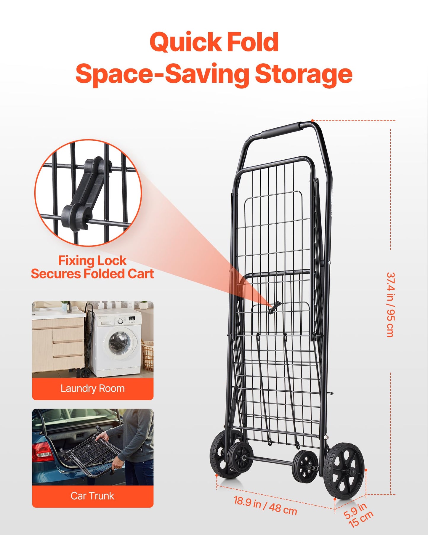 VEVOR Shopping Cart, Folding Grocery Utility Cart with Swivel Wheels, 90 LBS Large Load Capacity, Heavy Duty Rolling Laundry Basket Butler for Laundry, Shopping, Camping, Grocery, Luggage, Black