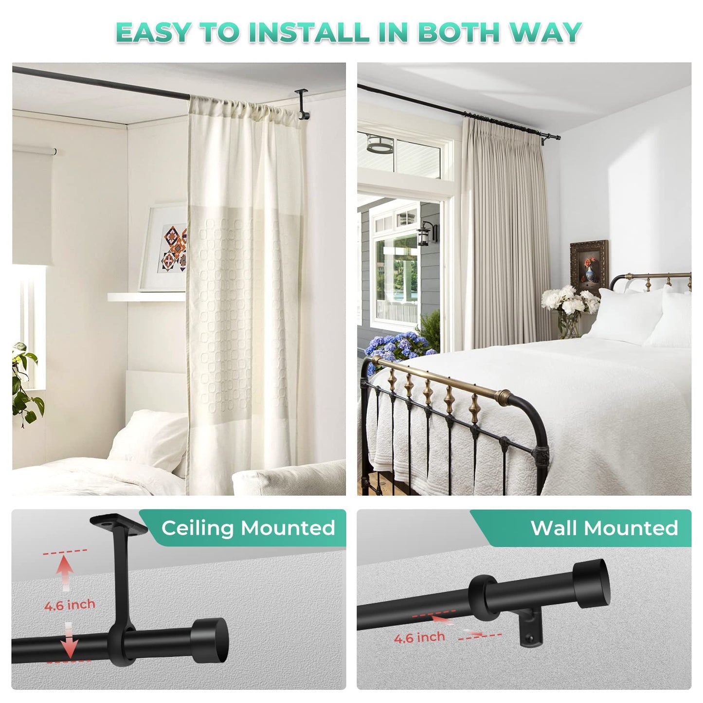 Extra Long Curtain Rods for Windows 120" to 240", 1 Inch Matte Black Drapery Rod For Bedroom Living Room Divider Adjustable Heavy Duty Outdoor Curtain Rod for Patio Cap Finials