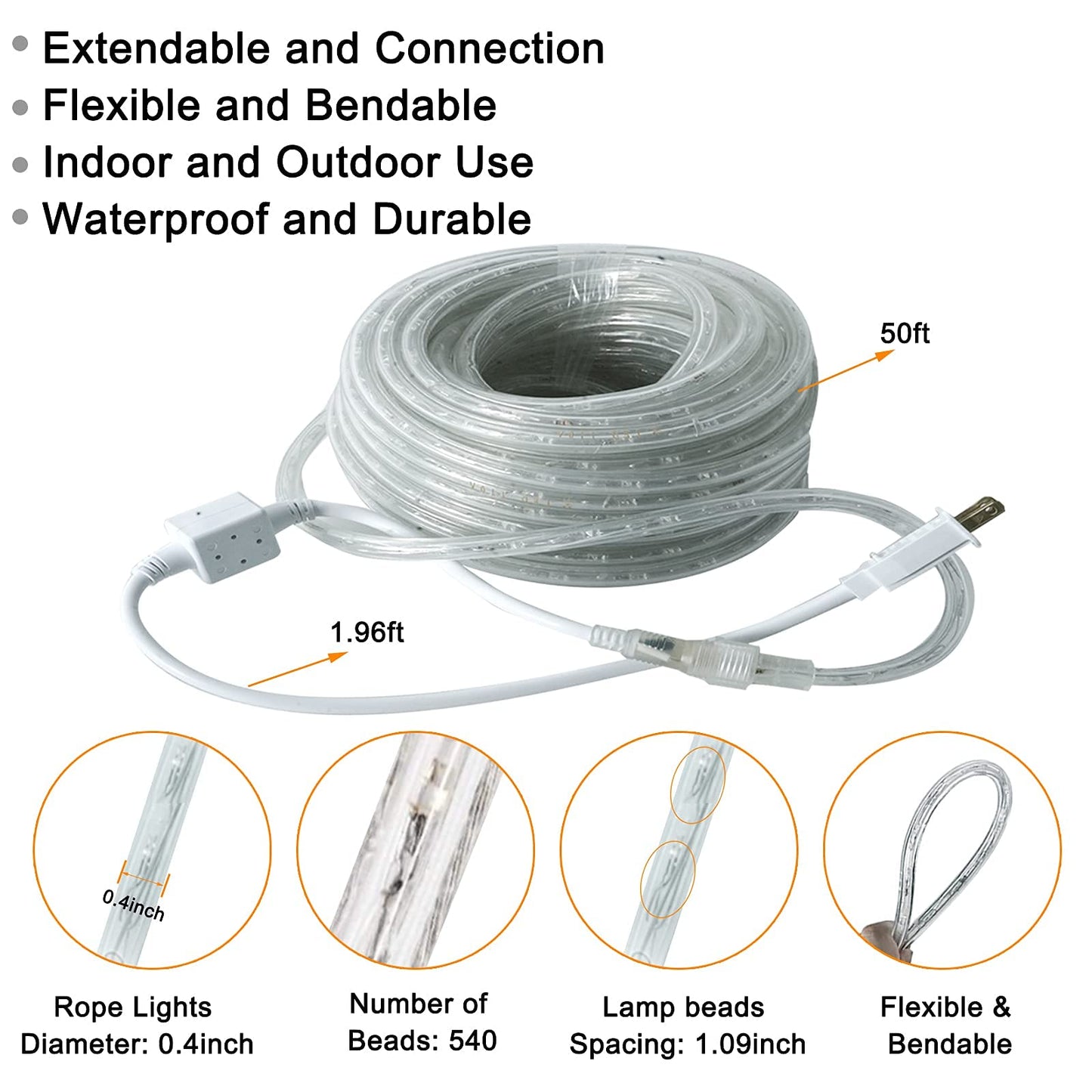 SURNIE LED Rope Lights Outdoor Warm White, Waterproof 50FT Cuttable 3000K Lighting Indoor 110V Connectable Flexible Electric Lights for Christmas Trees Bedroom Outside Patio Decor, Not Flat Strip