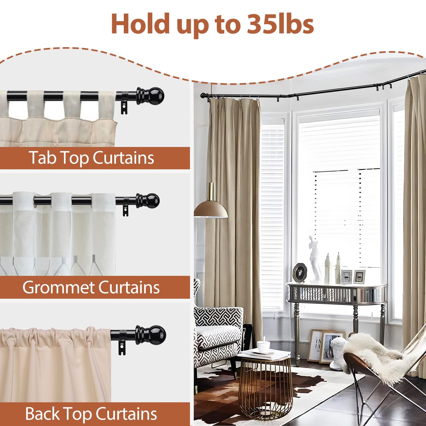 Bay Window Curtain Rods, 1 Inch Heavy Duty Metal U Shaped Corner Curtain Rod, 59-184” Adjustable Curved Curtain Rod for Bay Window Black