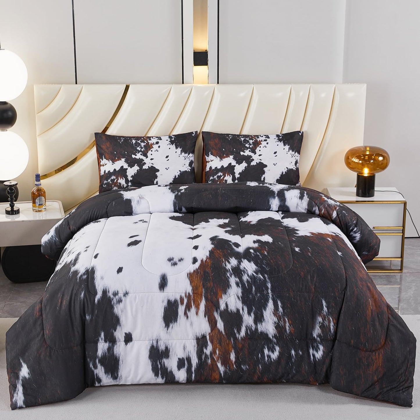 PERFEMET Black King Size Comforter Set 3 Pieces Cow Print Bedding Set Western Farmhouse Rustic Bed Comforter Animal Cowhide Quilt Set for Bedroom Decoration