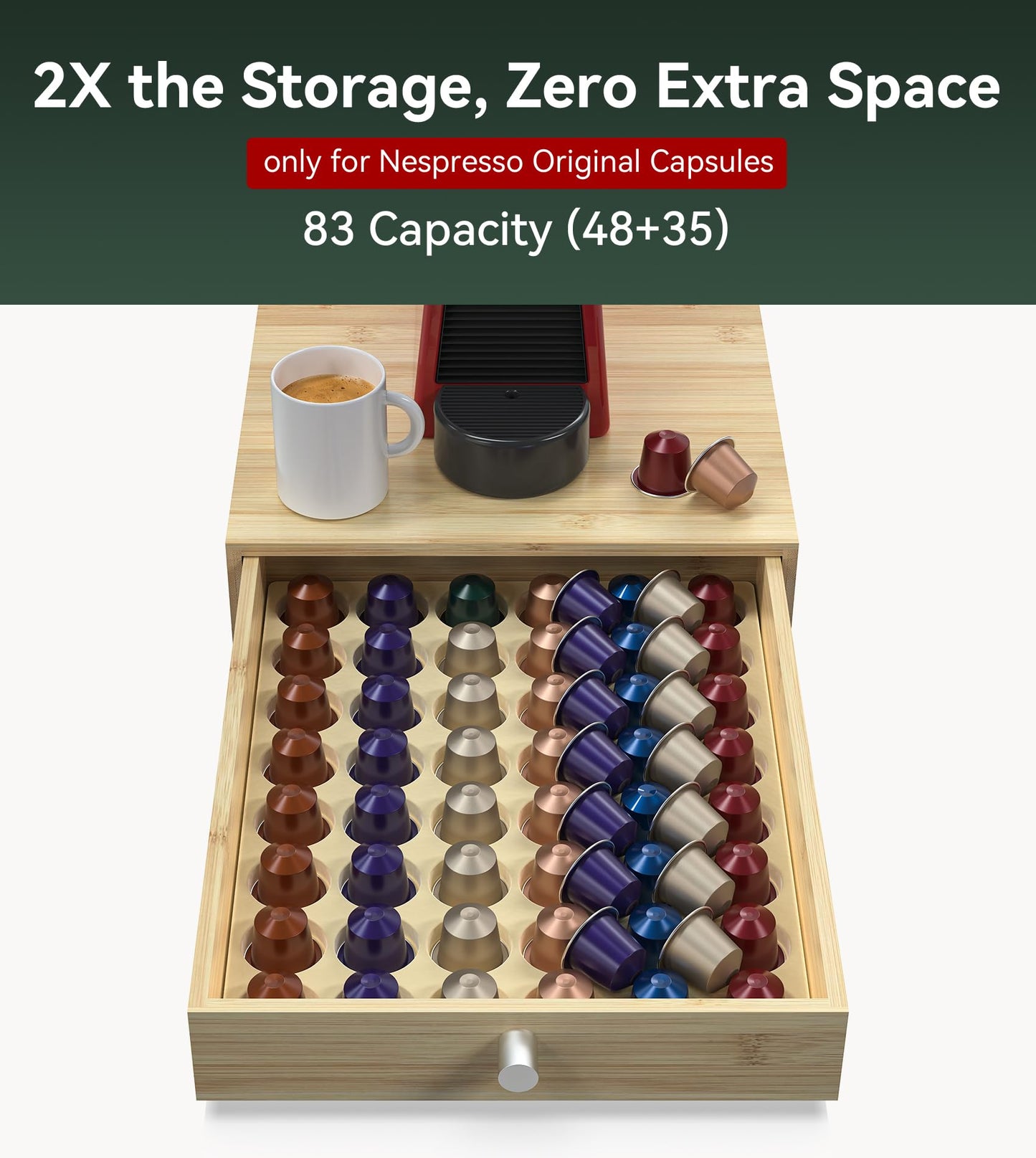 WELL WENG for Nespresso Original Capsules - Bamboo Coffee Pod Drawer Holder - 48 OriginalLine Pods Organizer (14.5"D x 11.7"W x 3.2”H)