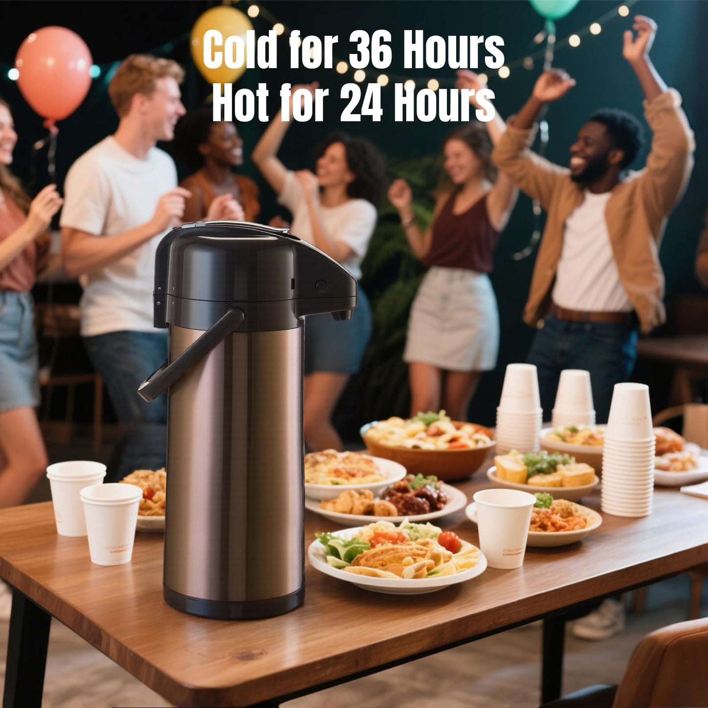 PARACITY Upgraded Airpot Coffee Carafe with Double Pump, Stainless Steel Drink Dispenser for Hot/Cold Beverage with Lazy Susan Base, Coffee Termos Para Cafe for Hot Cocoa for Parties