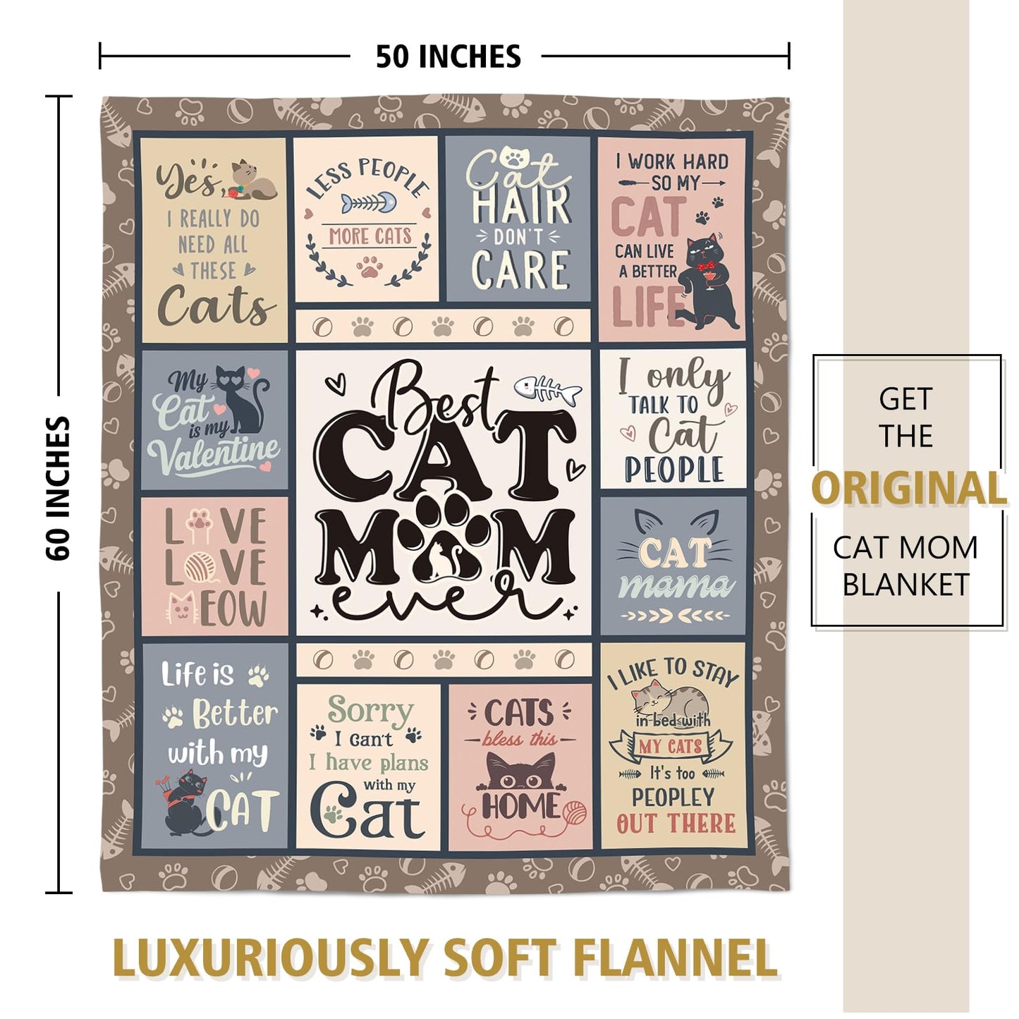 SteadStyle Cat Mom Gifts - Best Ever Blanket for Cat Lovers, Funny Cats Lady Presents for Women, Cozy Cats-Themed Gift for Birthday, Christmas, Mother’s Day 60'' x 50''