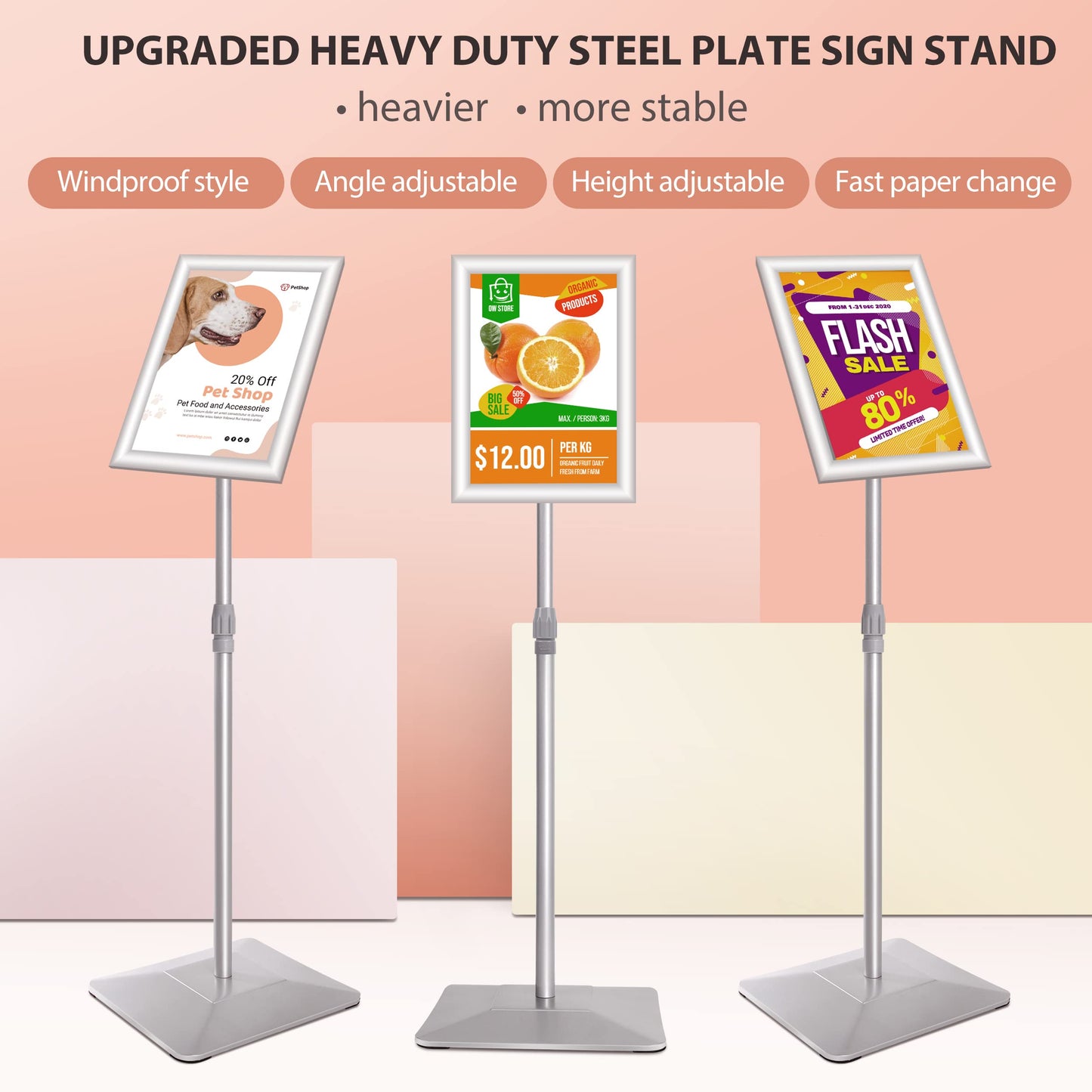 VAIIGO 8.5"x11" Pedestal Poster Sign Stand with Heavy Duty Base, Adjustable Sign Holder Standing Floor Sign Stand for Office,Store,School,Church,Public Sign Displayed Stands, Silver