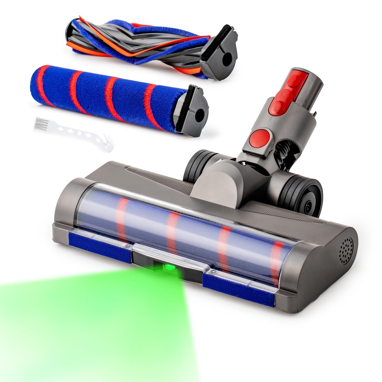 Replacement Motorized Head for Dyson V15 V11 V10 V8 V7, Hidden Dust Detection Green LED Attachment with 2-in-1 Dual Roller, 60% Effortless Glide for Carpet & Hard Floor, Stable Self-Standing Design