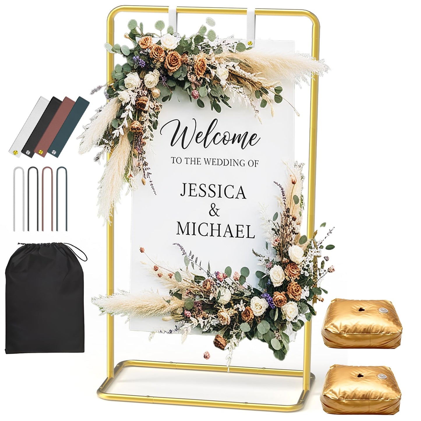 ReePlan Wedding Welcome Sign Stand 68 x 31 x 20 Inch Adjustable Wedding Sign Holder with 8 Leather and Water Bags Heavy Duty Easel for Poster, Baby Bridal Shower, Bridal Shower, Seating Chart, Gold