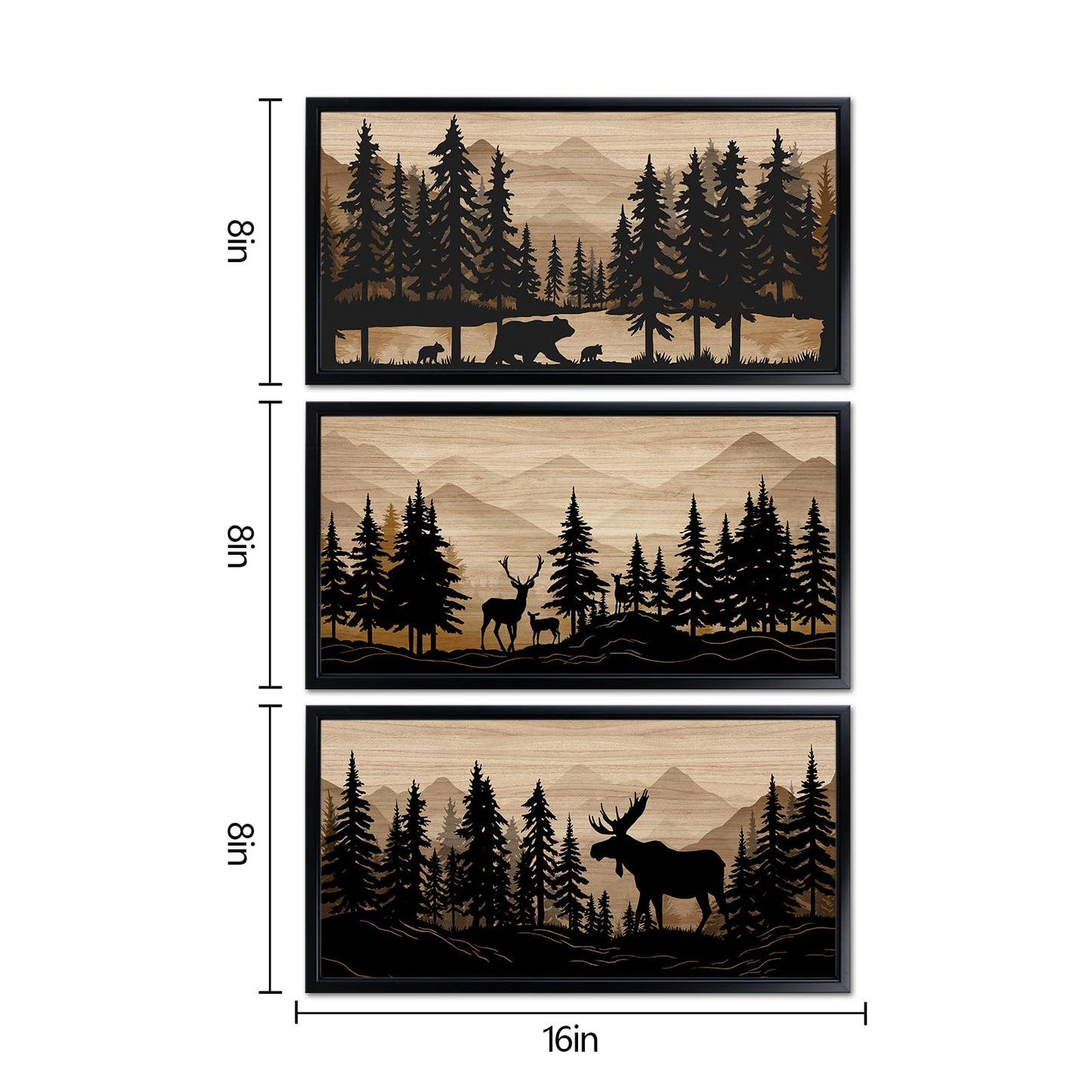 WELMECO Cabin Decor Bear Moose Deer Wall Art Rustic Home Decor Woodland Farmhouse Living Room Bedroom Bathroom Decor Forest Animal Picture, Black Framed 8x16inchx3 Pieces,Brown