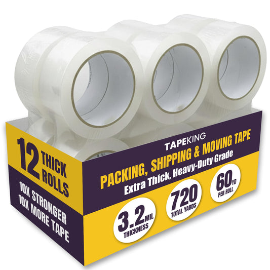 Tape King Clear Packing Tape Ultra Thick | 60 Yards Per Roll (12 Rolls) | 2 Inch Wide Heavy Duty Packing Tape 3.2mil Strong Adhesive for Moving Boxes, Shipping Cartons & Sealing (720 Yards)