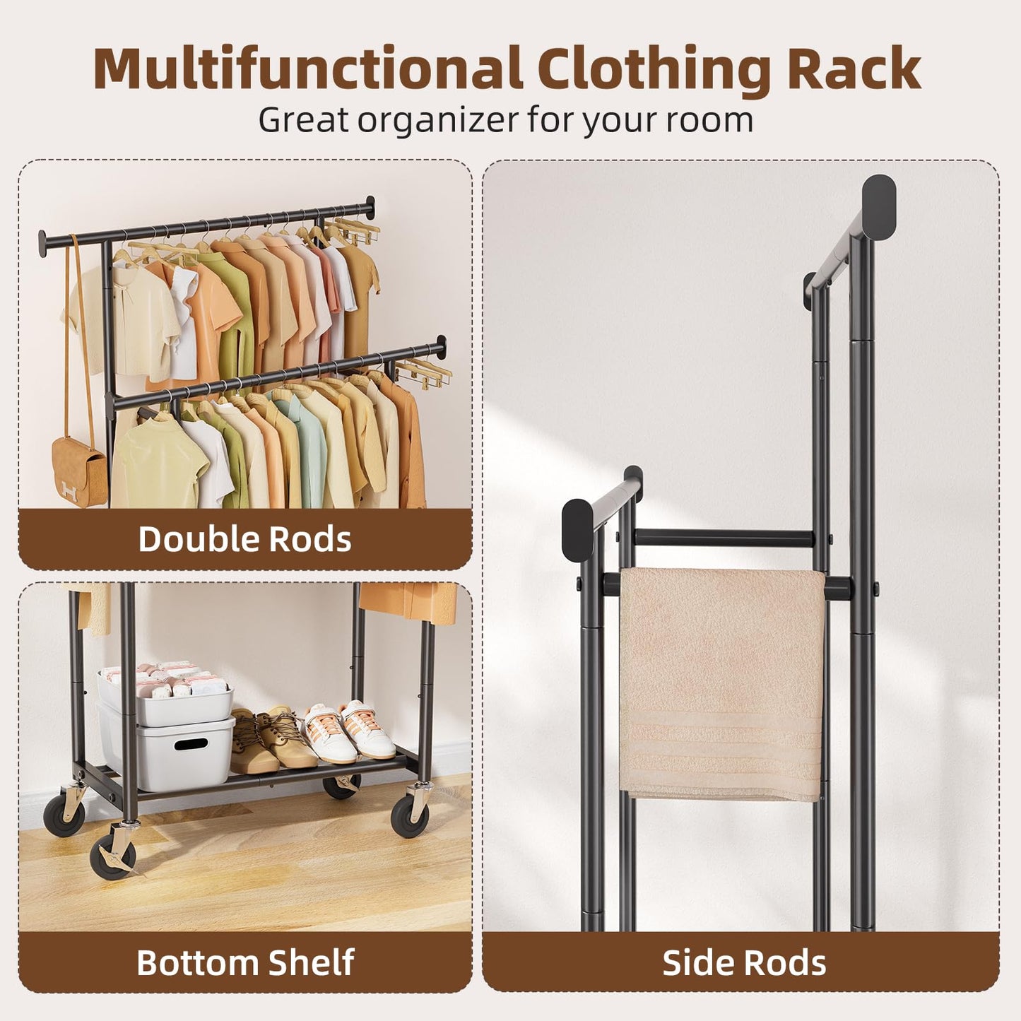 Simple Trending Clothes Rack, Double Rods Clothing Rack for Hanging Clothes, Metal Garment Rack with Rolling Wheels, Portable Wardrobe Closet Rack for Coat, Bedroom, Laundry, Black