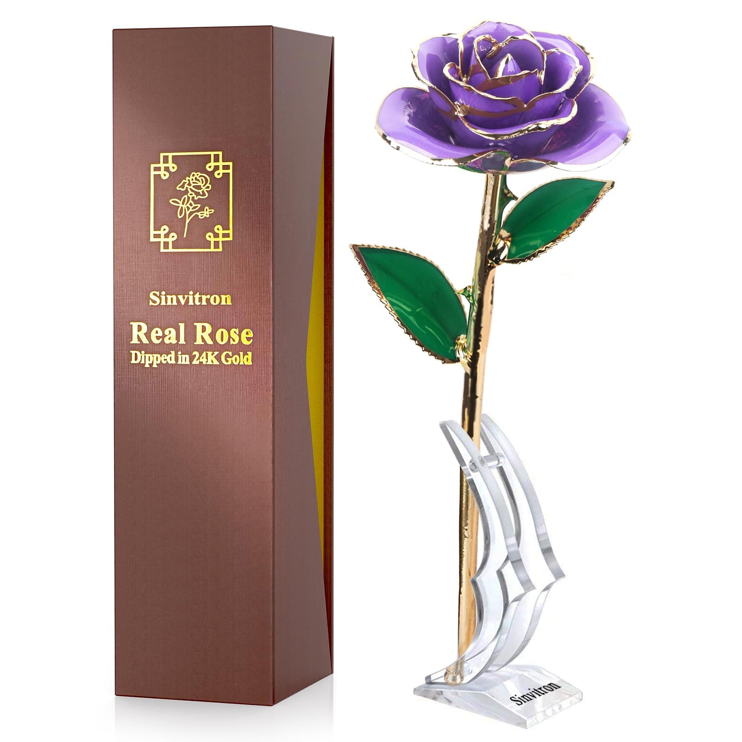 Sinvitron Gold Dipped Infinity Rose - Eternal Resin-Preserved Rose | Forever Flower Decor for Birthdays, Mother’s Day, Anniversaries | Unique Gift for Women, Mom, Wife (Lavender Purple)