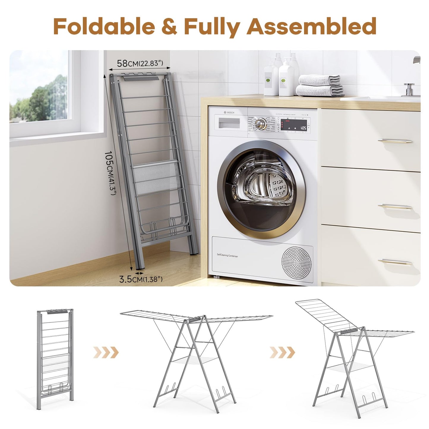 APEXCHASER Drying Rack Clothing, Clothes Drying Rack Foldable, Metal Laundry Drying Rack Collapsible for Sweater Towel Indoor & Outdoor, Height Adjustable Gullwing Clothes Airer, Grey