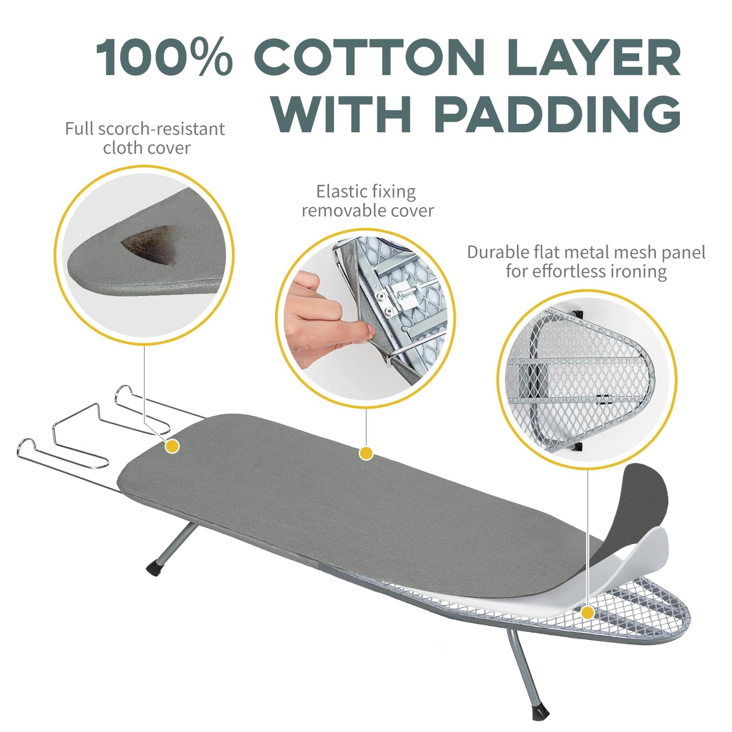Metal Foldable Tabletop Ironing Board with Iron Rest, Portable Ironing Board Small with Heat Resistant Cotton Cover, RAINHOL Mini Iron Board for Small Space and Travel, 31"x12", Gray