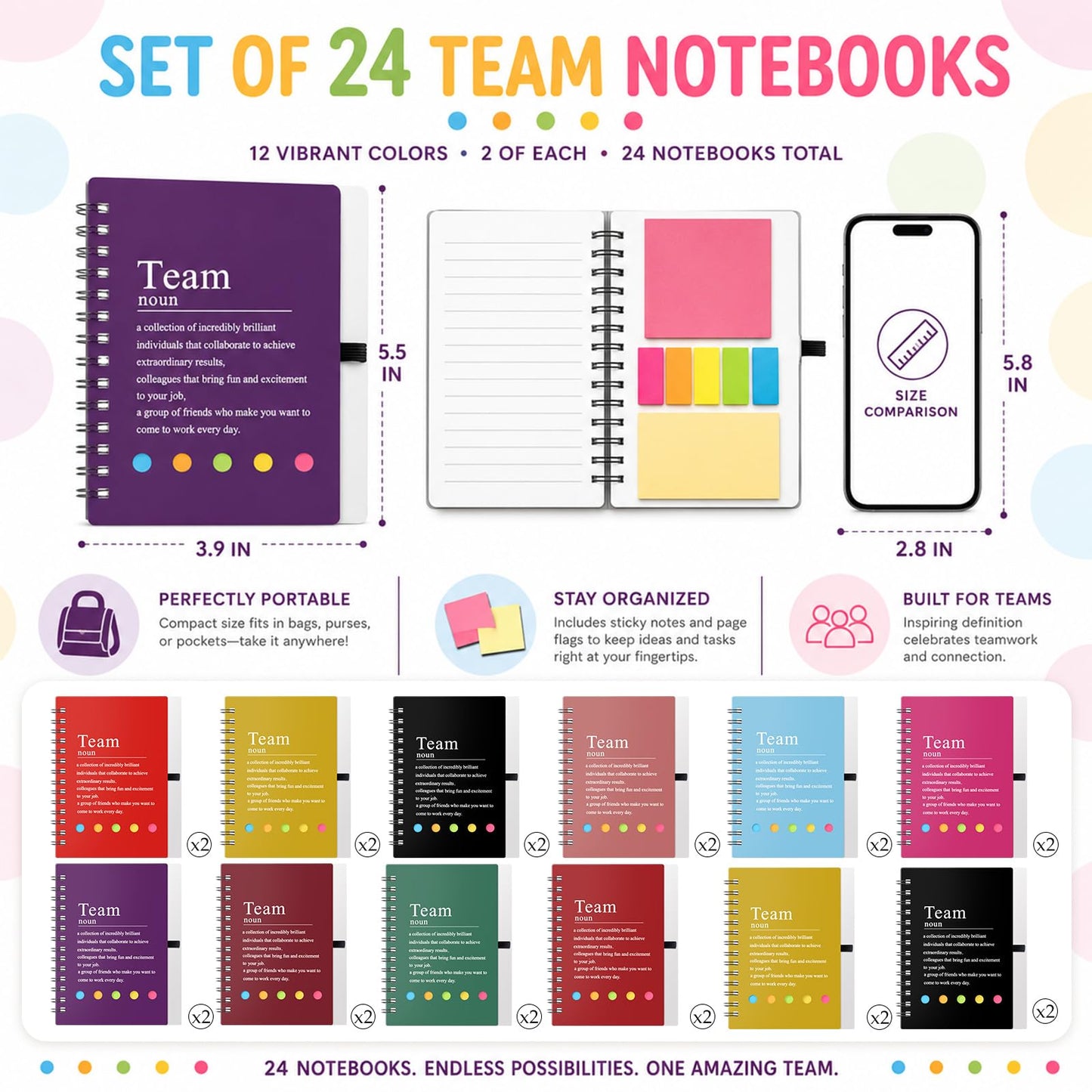Feifeiya 24 Pcs Team Appreciation Gifts Bulk for Employee Inspirational Spiral Notebooks with Sticky Notes Thank You Gifts for Coworkers Staff Teachers Nurses CNA Week (Bright Color)