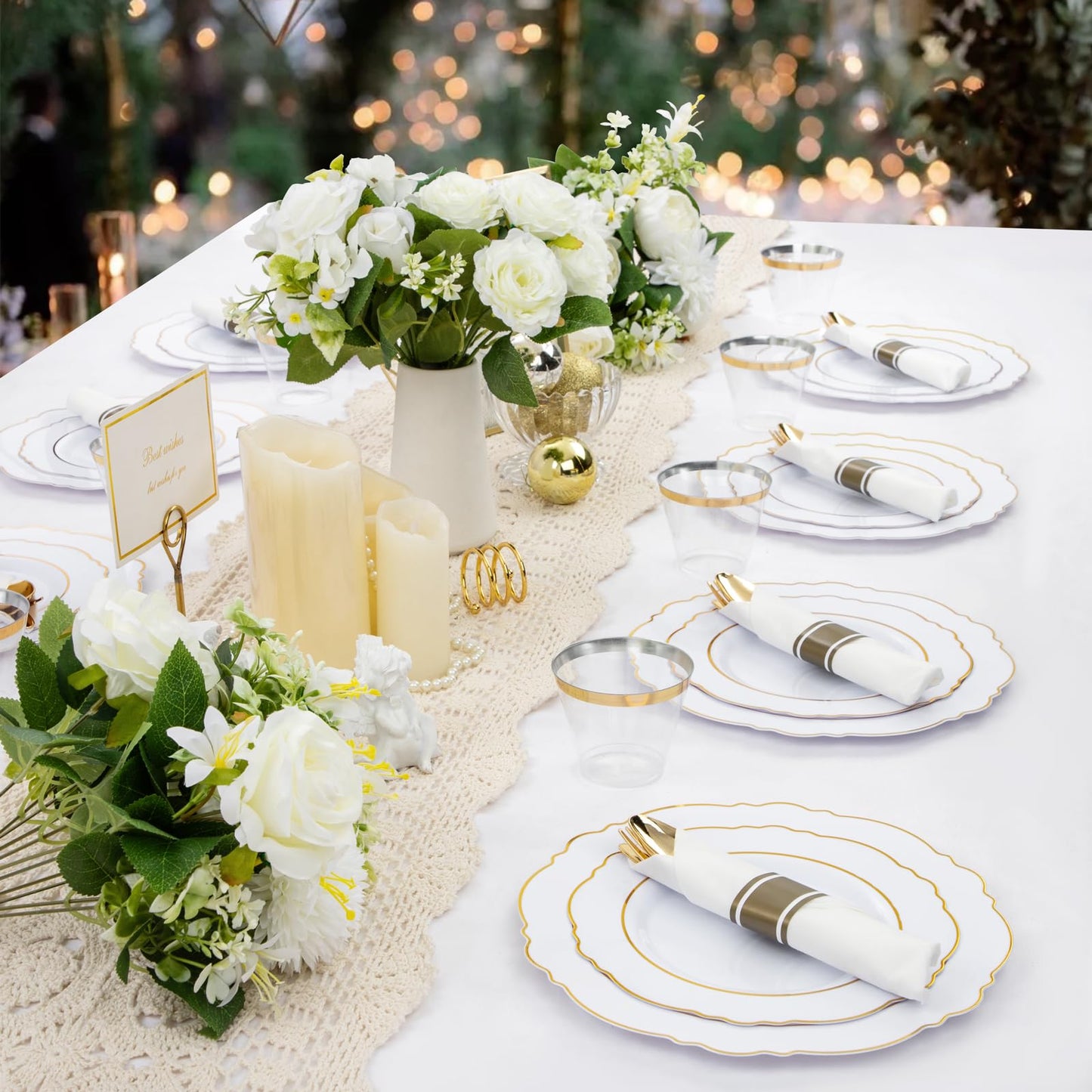 Liacere 350PCS Gold Plastic Plates-Disposable White and Gold Plates 50guest Baroque Plastic Dinnerware include 100Plates, 50Pack Pre Rolled Napkins with Silverware 50Cups for Wedding & Mothers Day