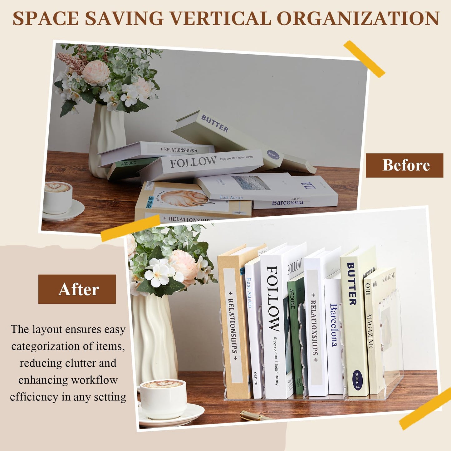 AmazingSpark Scalloped Acrylic Book Holder for Desk with 4 Vertical Compartments 11.22 x 7.28 x 6.5 Inches Clear Acrylic Magazine Organizer Storage Mail Sorter with Wave Edge Design for Office Home
