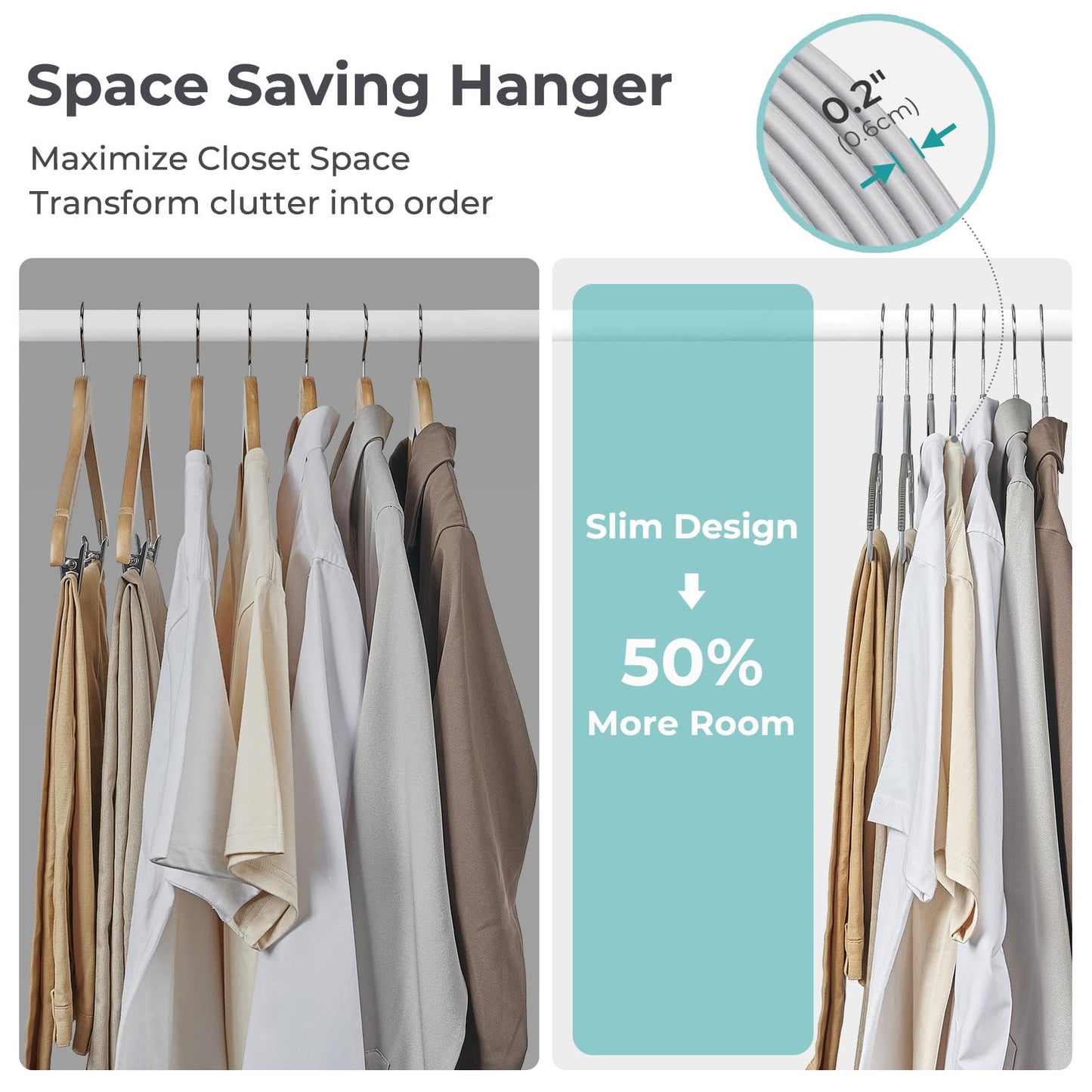 HOUSE DAY Plastic Hangers 50 Pack, Grey Plastic Clothes Hangers Non Slip with Rubber Grip, Heavy Duty Hanger with 360° Swivel Metal Hook, Ultra Thin Hangers Space Saving for Closet Organizer